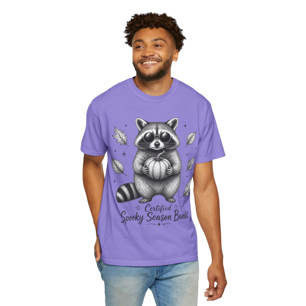Spooky Season Bandit T Shirt Cute Raccoon Holding Pumpkin Fall Tee