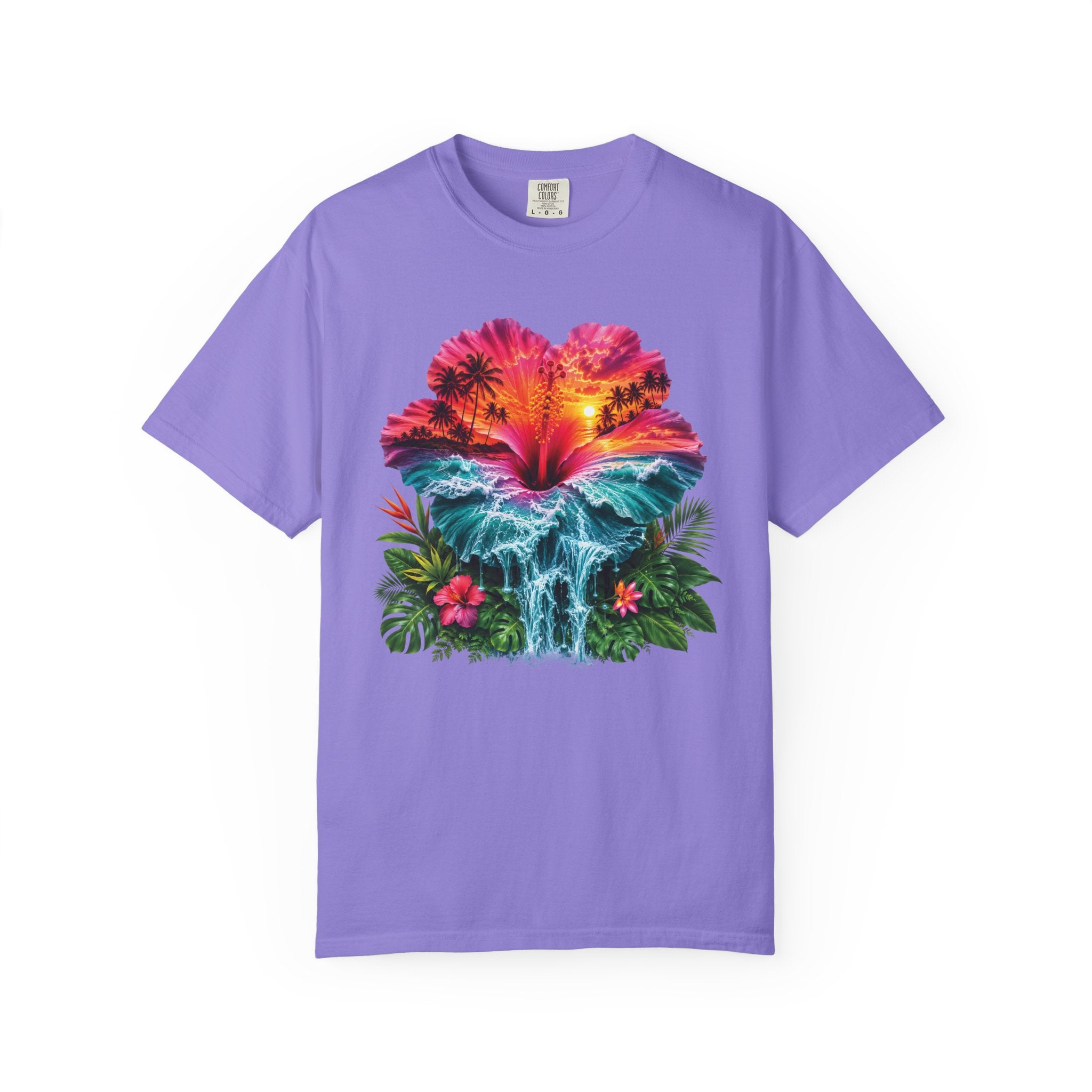 T Shirt Tropical Hibiscus Waterfall Sunset Graphic Tee