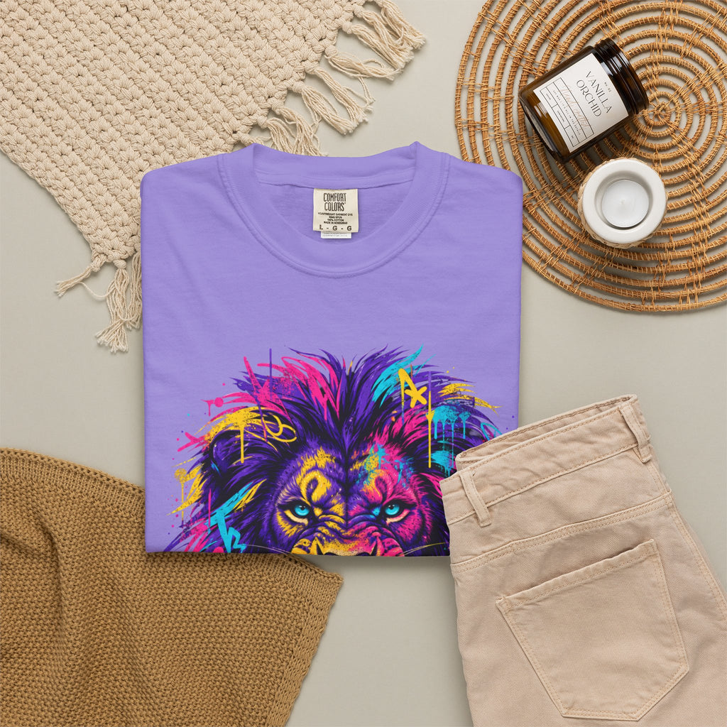 Colorful Roaring Lion T Shirt Vibrant Neon Animal Graphic Tee