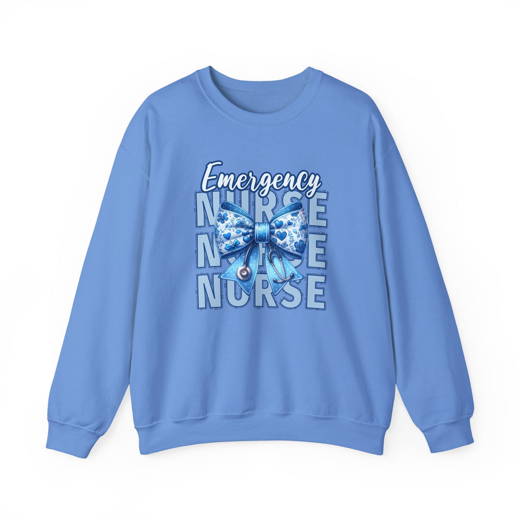 Emergency Nurse Sweatshirt, ER Nurse Blue Bow Shirt, Emergency Room Nurse Gift, RN Sweatshirt, Cute Nurse Apparel, Nursing Gift