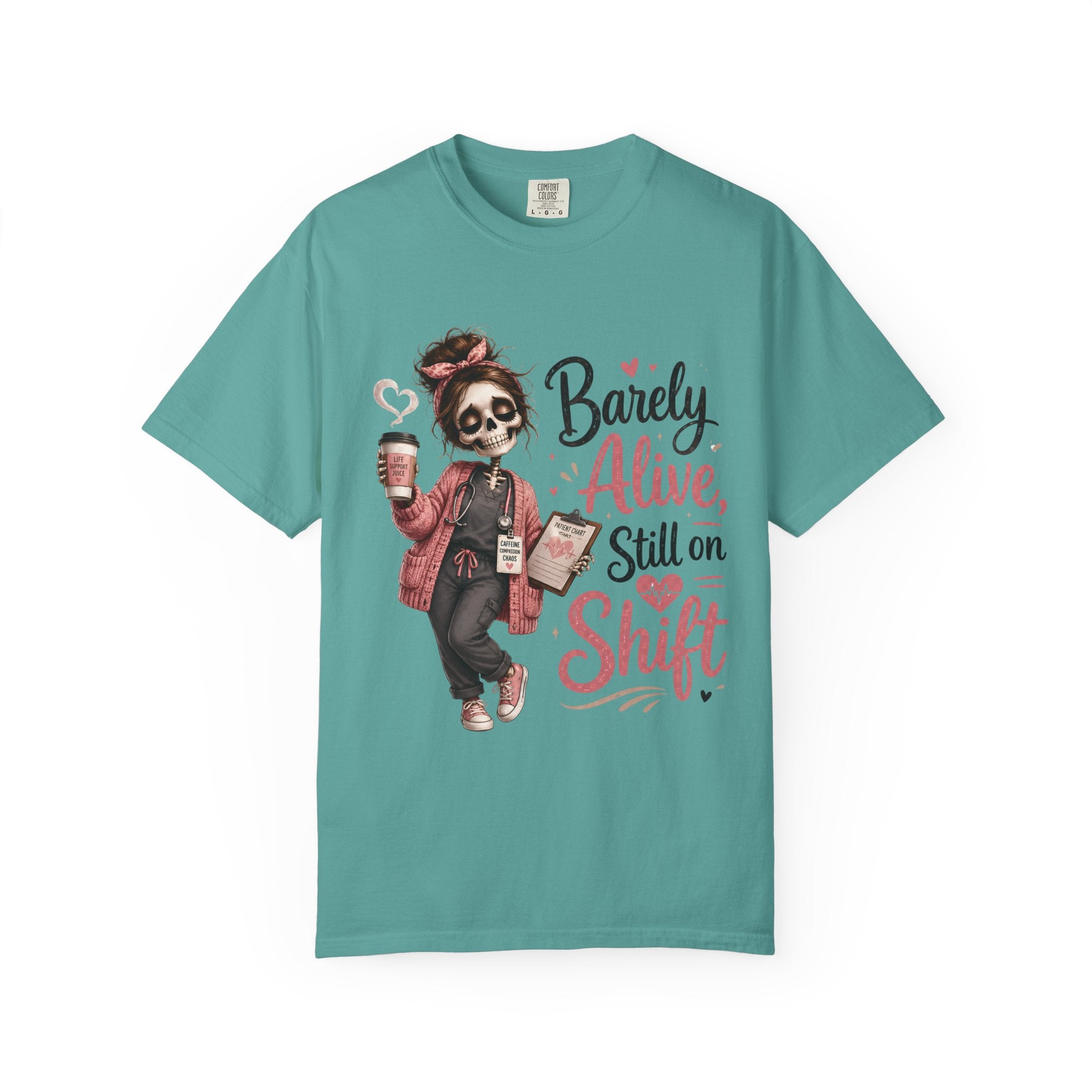 T Shirt Barely Alive Still on Shift Skeleton Barista Graphic Tee