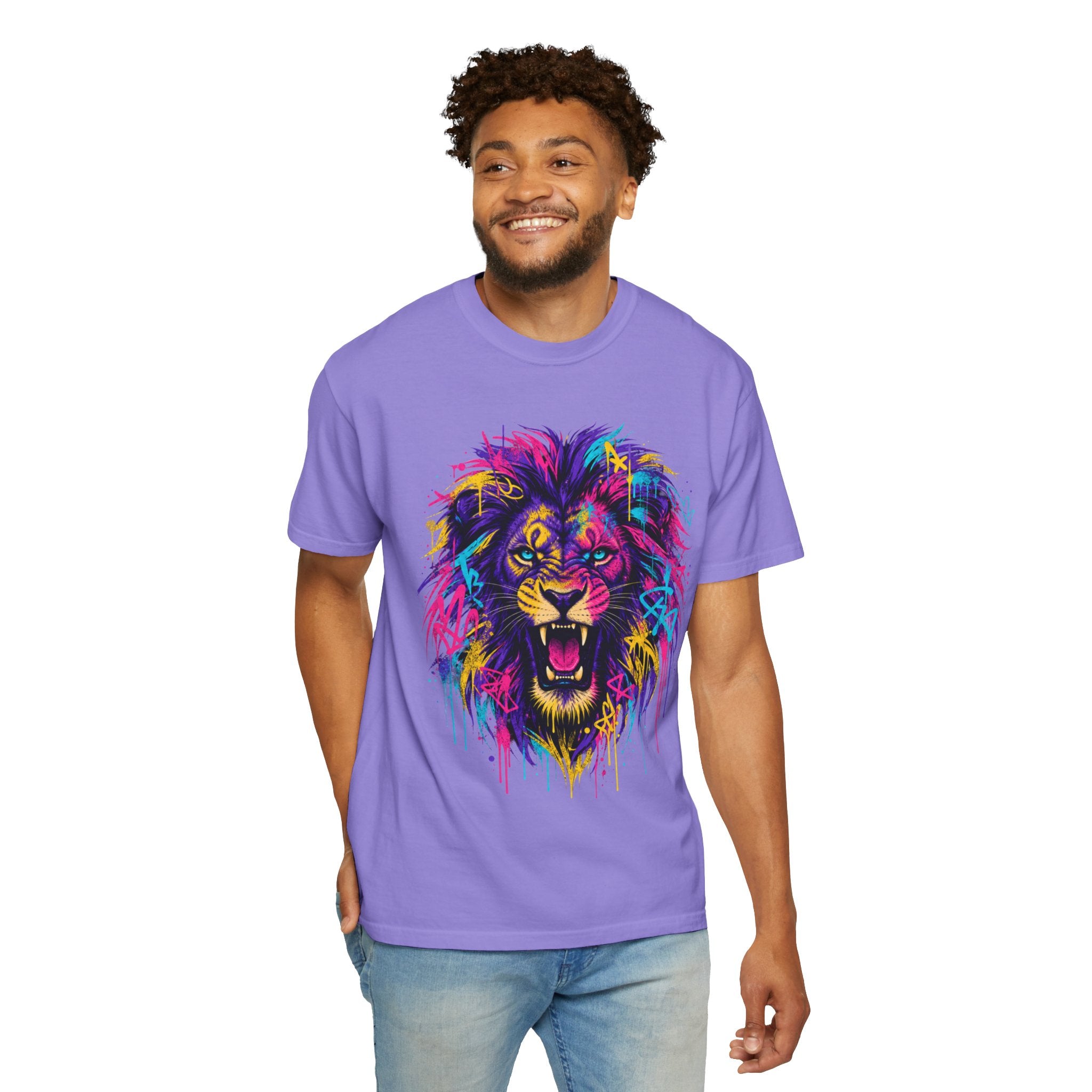 Colorful Roaring Lion T Shirt Vibrant Neon Animal Graphic Tee