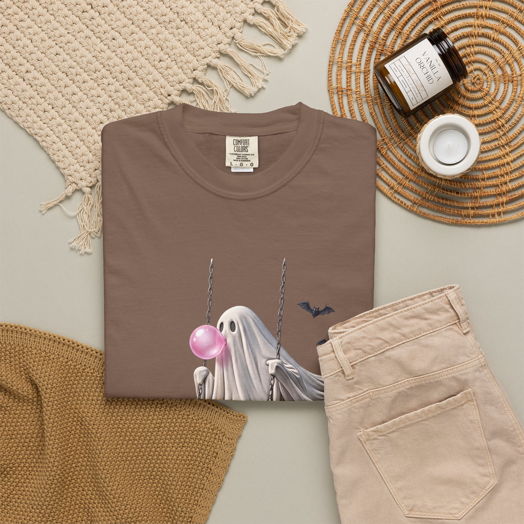 Ghost on Swing Tee Shirt | Cute Halloween Ghost Blowing Bubblegum, Bats