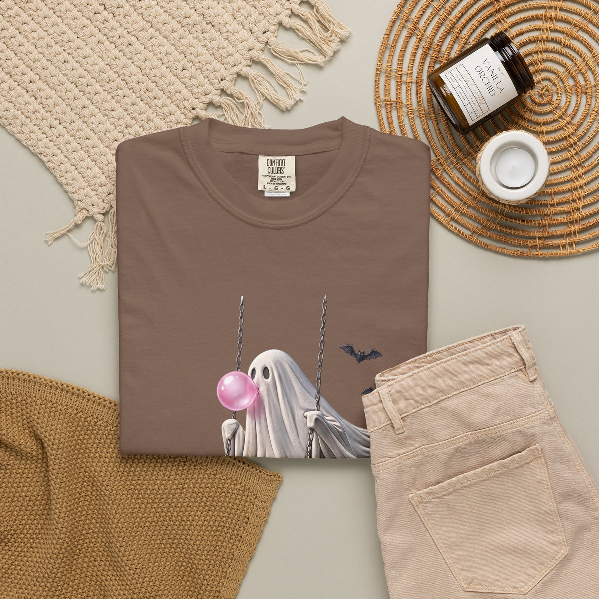 Ghost on Swing Tee Shirt | Cute Halloween Ghost Blowing Bubblegum, Bats