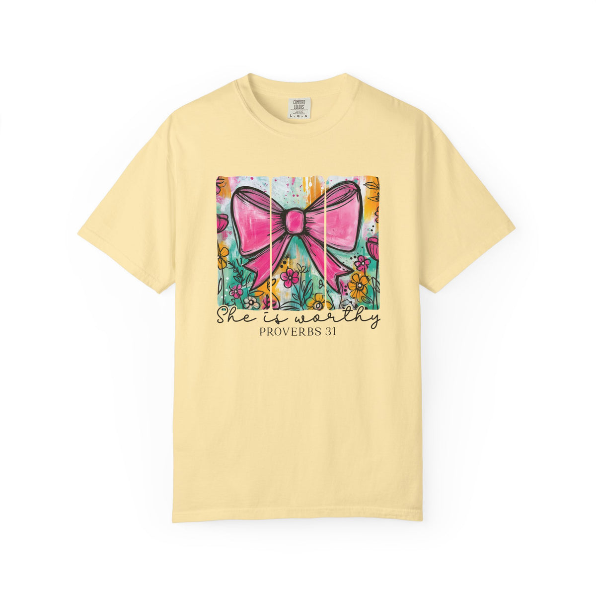 Pink Bow Floral Illustration Tee Shirt | She is Worthy Proverbs 31 Christian Tee