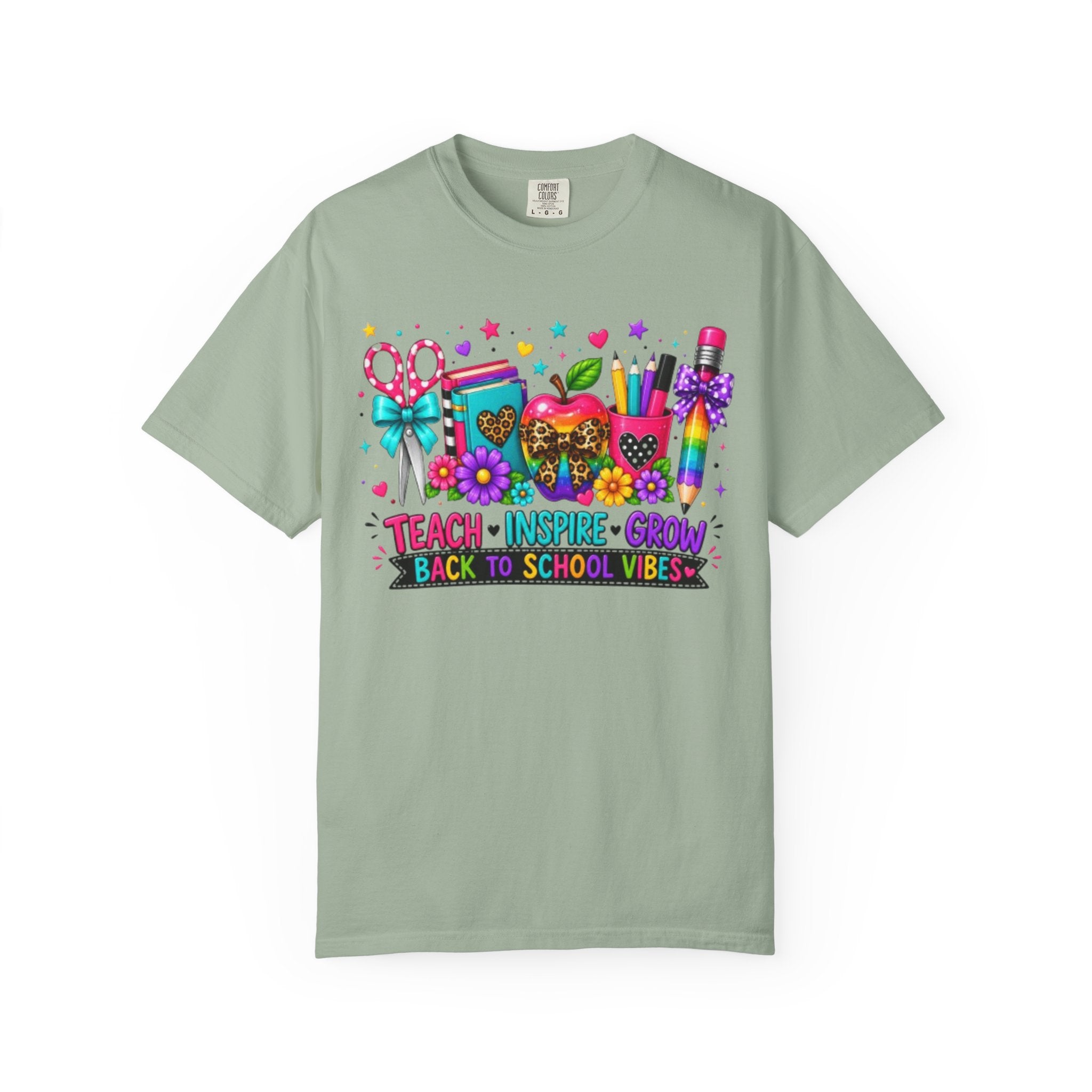 Back to School Teacher T Shirt Teach  Inspire  Grow Colorful School Supplies Tee