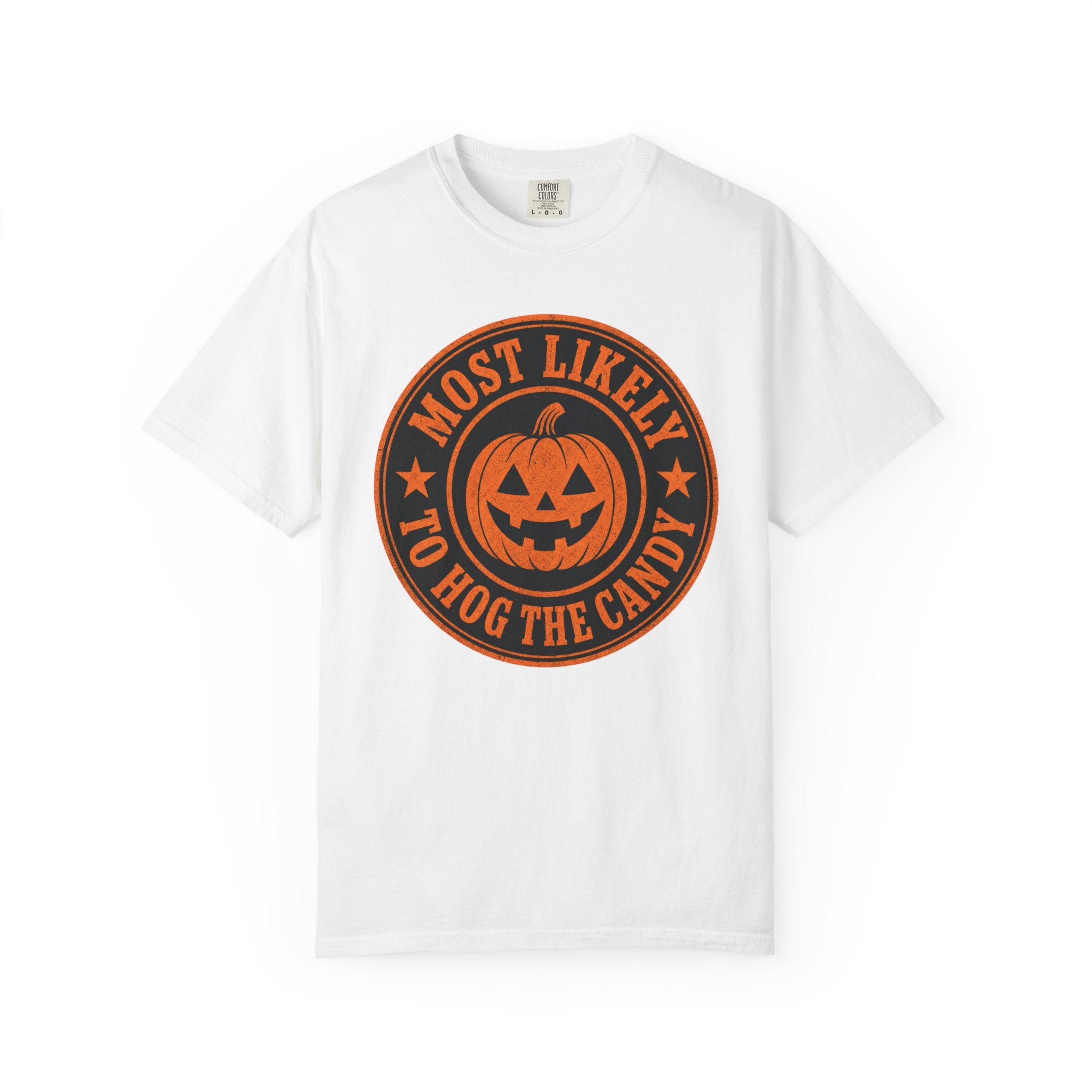 Most Likely to Hog the Candy Halloween T Shirt Jack-O Lantern Pumpkin Graphic Tee