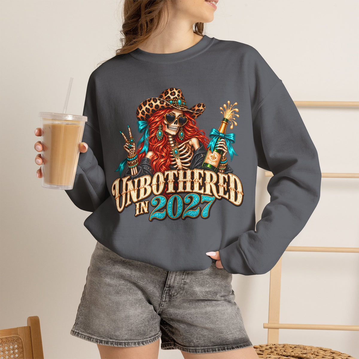 Unbothered in 2027 Sweatshirt, Funny New Years Shirt, Western Cowgirl Skeleton Crewneck, Sassy New Year Outfit, Leopard Print Gift