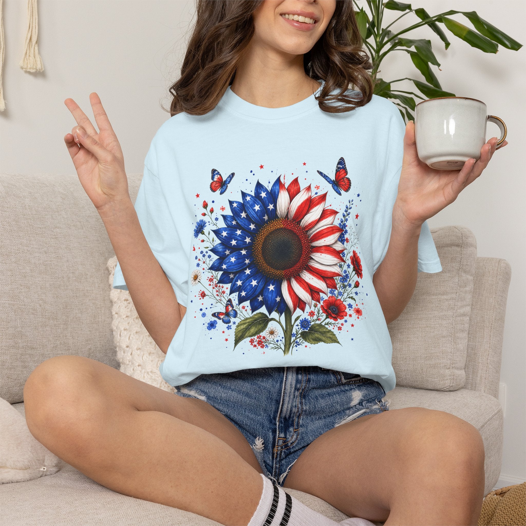 Patriotic Sunflower T Shirt American Flag Floral Tee Fourth of July