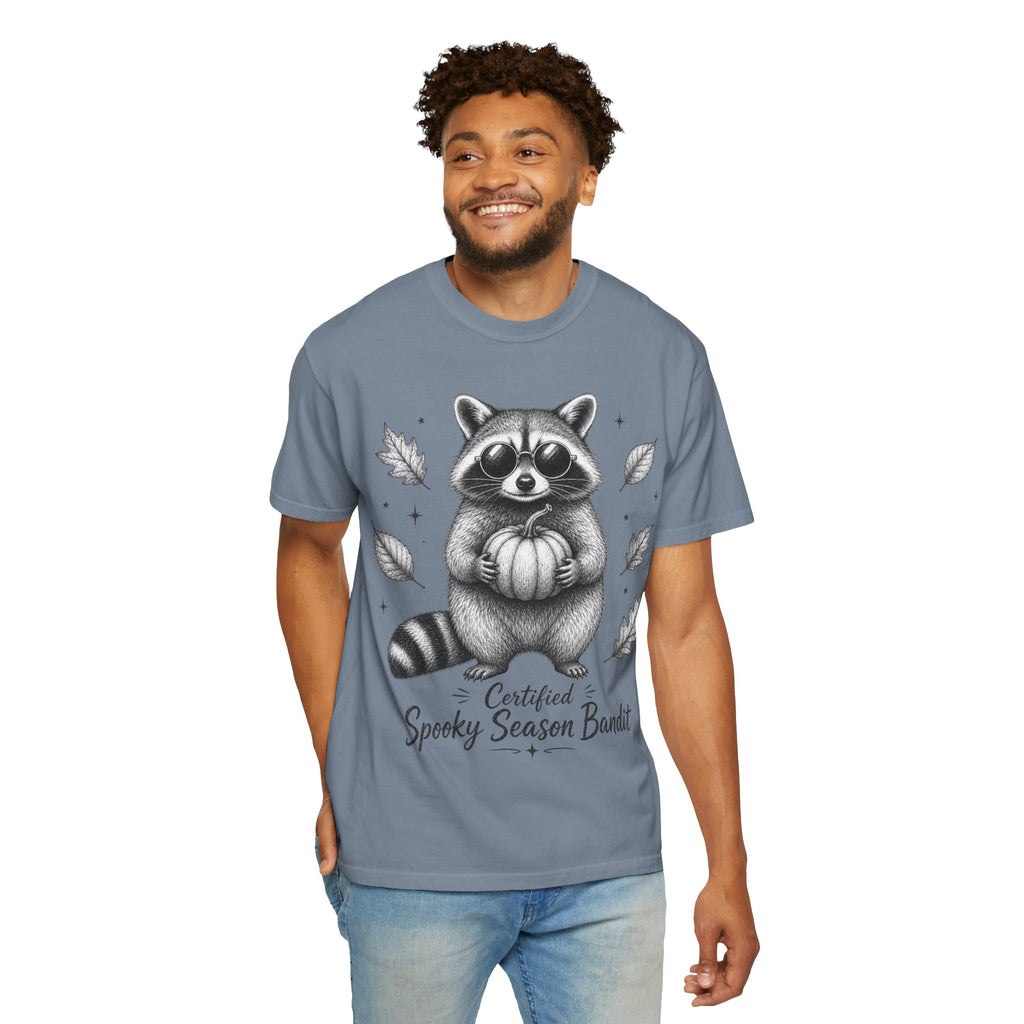 Spooky Season Bandit T Shirt Cute Raccoon Holding Pumpkin Fall Tee