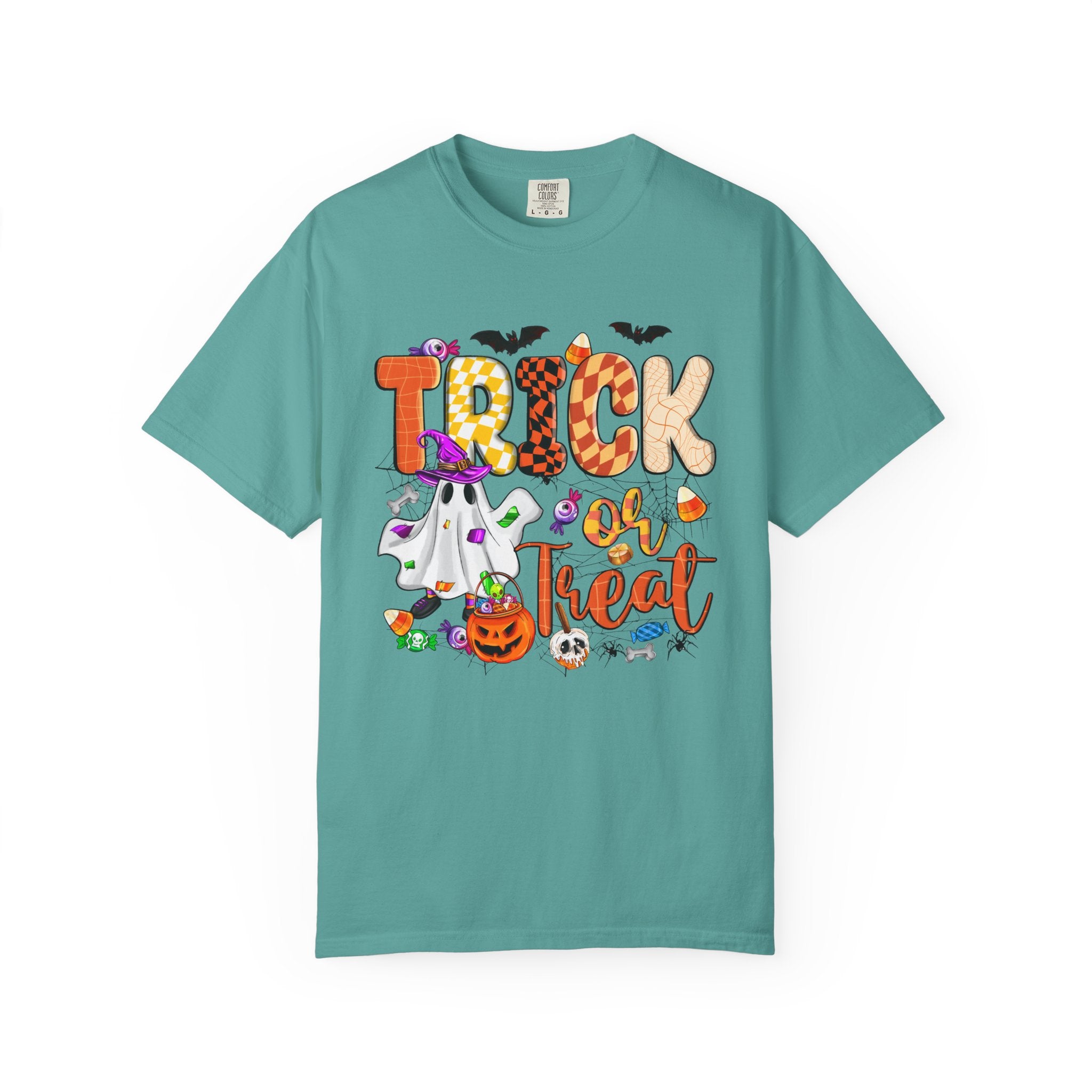 Trick or Treat Halloween T Shirt Cute Ghost Pumpkin and Candy Graphic Tee