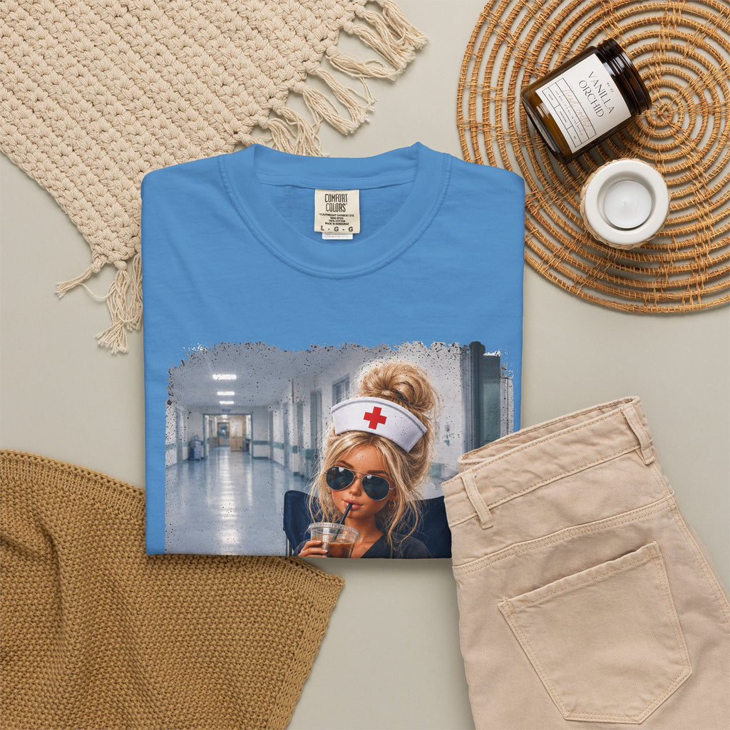 Funny Nurse Shirt, I Live Here Now Nurse Tee, Comfort Colors Nursing Shirt, Sarcastic Nurse Gift, ER Nurse Humor, Healthcare Worker Gift