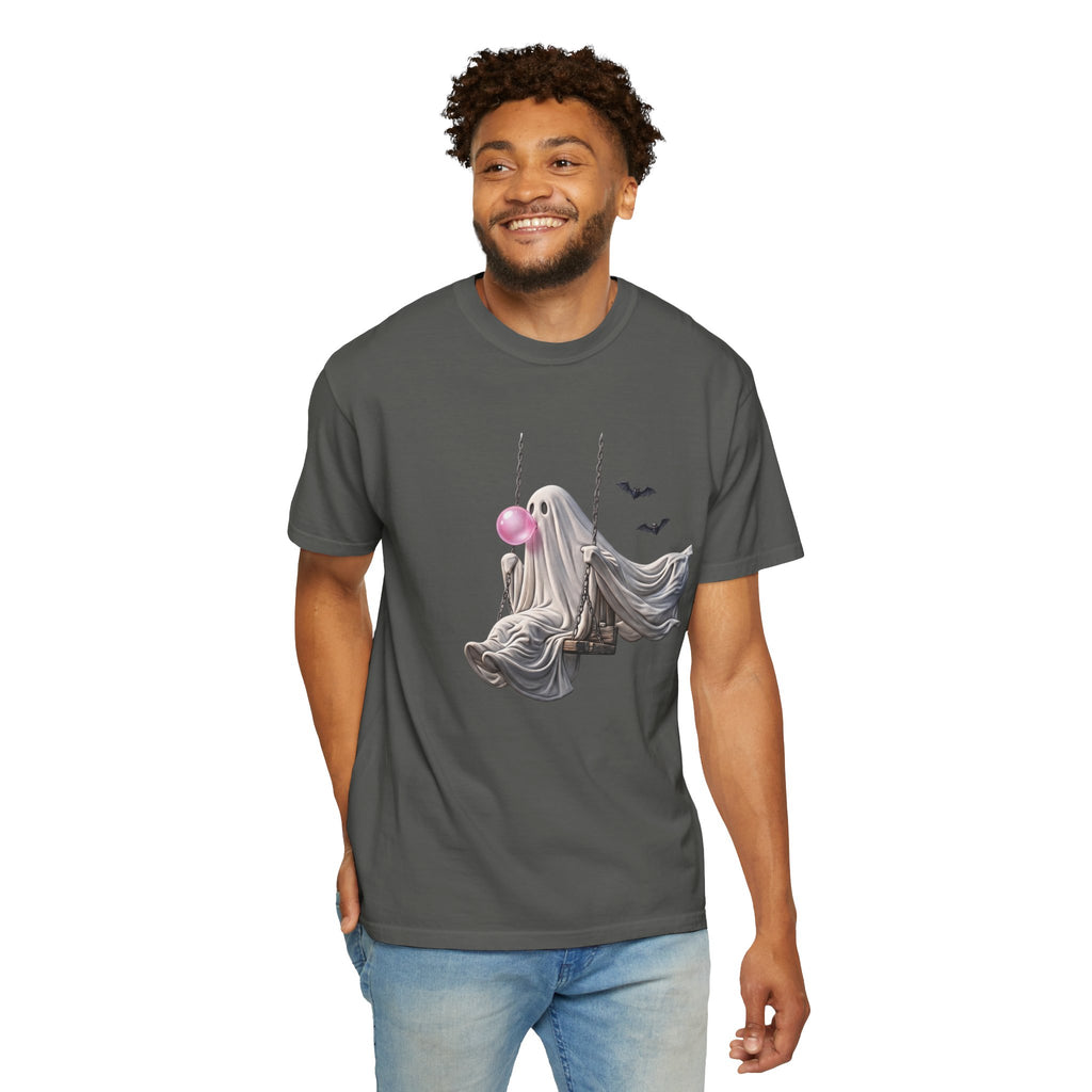 Ghost on Swing Tee Shirt | Cute Halloween Ghost Blowing Bubblegum, Bats