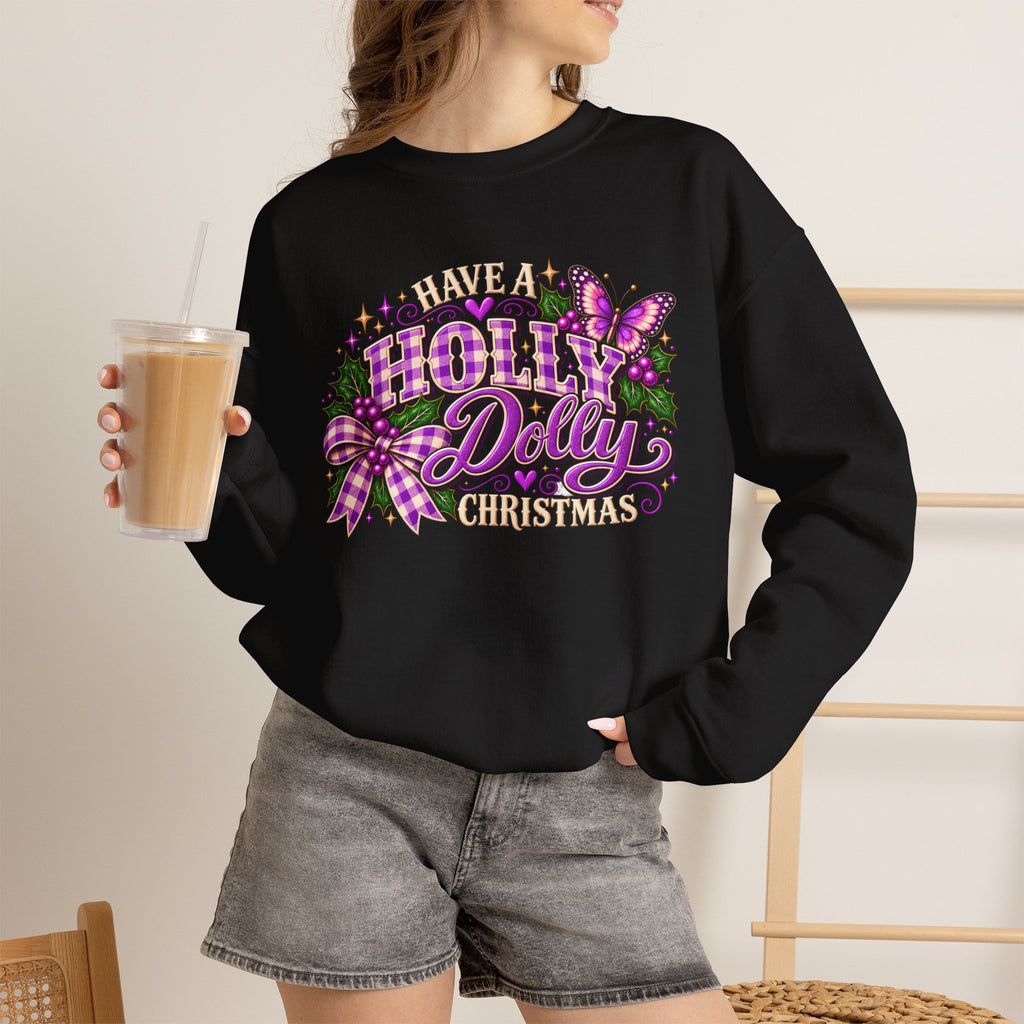 Have a Holly Dolly Christmas Sweatshirt, Dolly Inspired Christmas Shirt, Purple Plaid Holiday Sweatshirt, Butterfly Christmas Gift