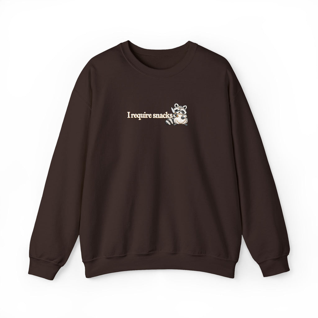 I Require Snacks Embroidered Sweatshirt, Funny Raccoon Sweatshirt, Minimalist Embroidery, Sarcastic Animal Lover Gift, Cozy Crewneck