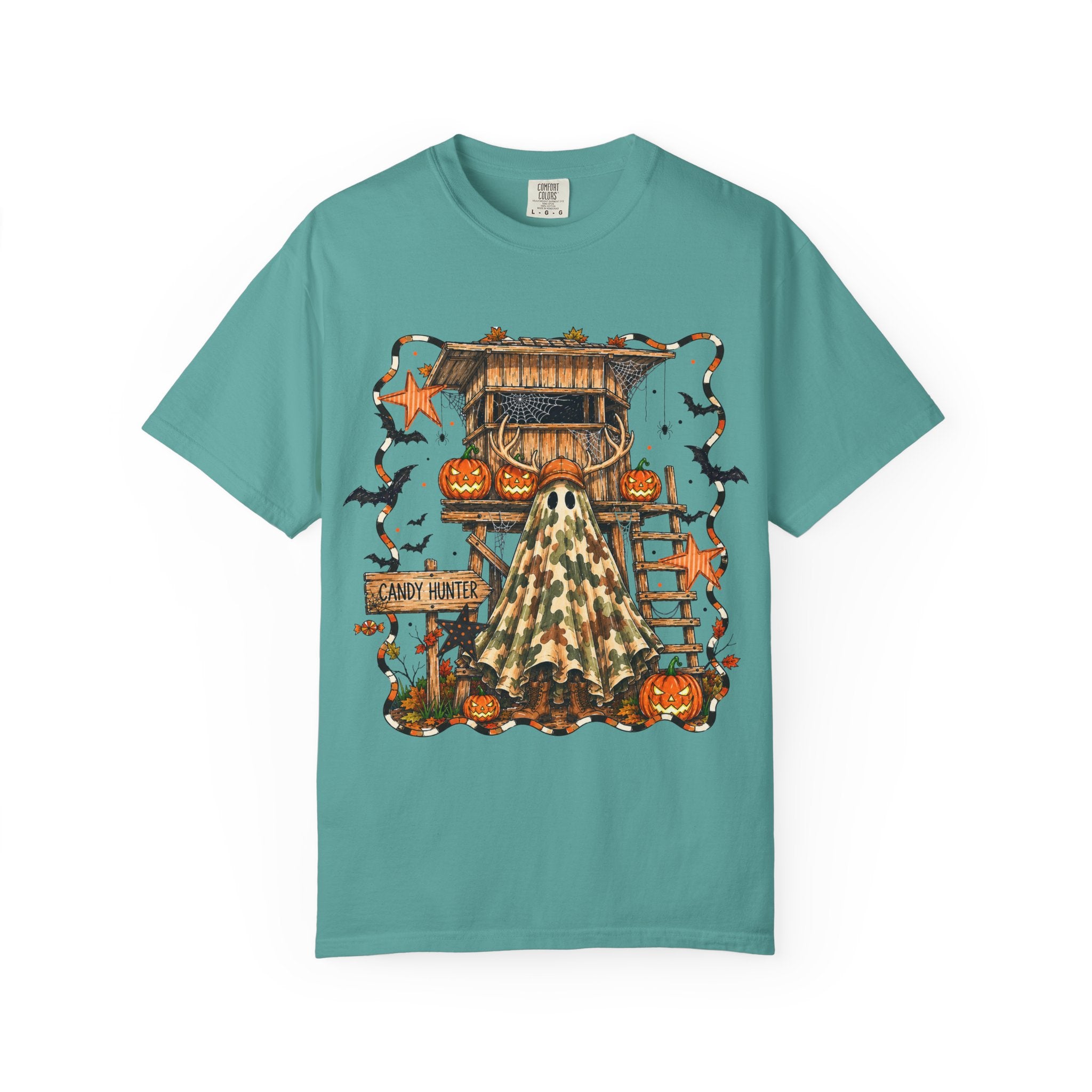 Halloween Ghost Treehouse T-Shirt Front and Back 31 October Camo Pumpkin Tee
