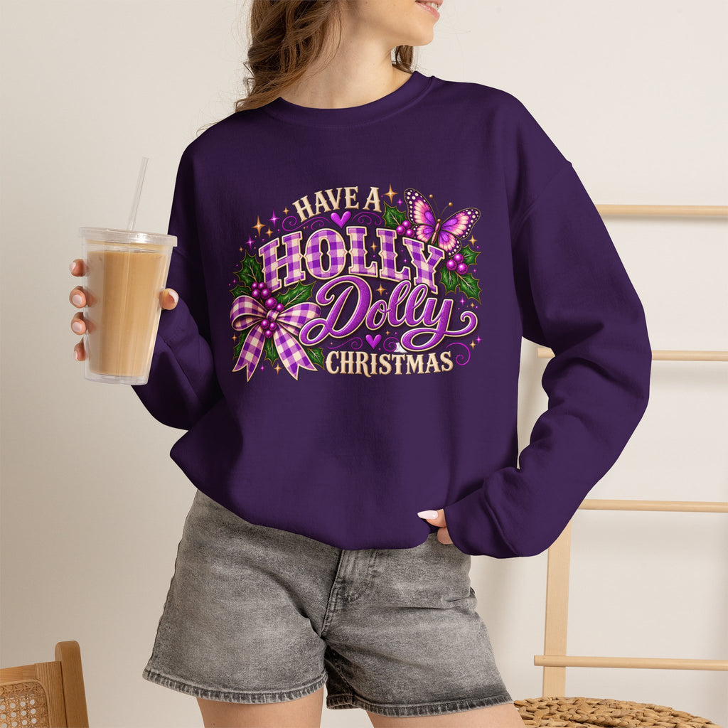 Have a Holly Dolly Christmas Sweatshirt, Dolly Inspired Christmas Shirt, Purple Plaid Holiday Sweatshirt, Butterfly Christmas Gift