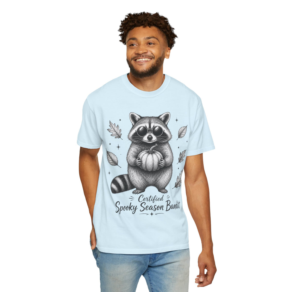 Spooky Season Bandit T Shirt Cute Raccoon Holding Pumpkin Fall Tee