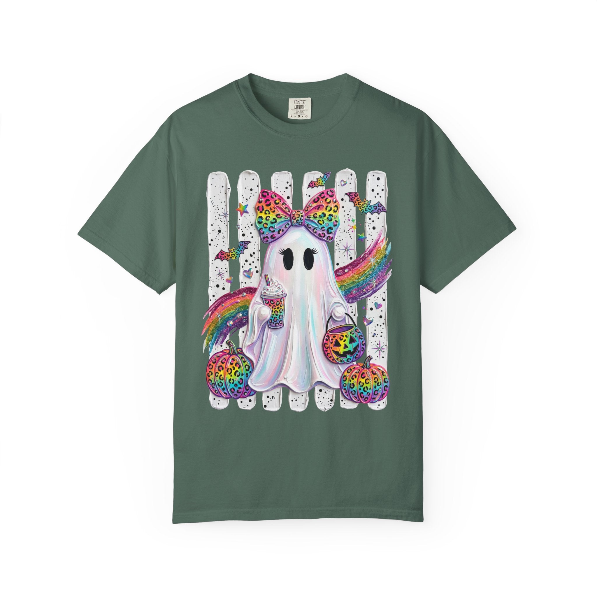 Halloween Rainbow Ghost T Shirt Cute Glittery Ghost with Rainbow Bow and Pumpkins