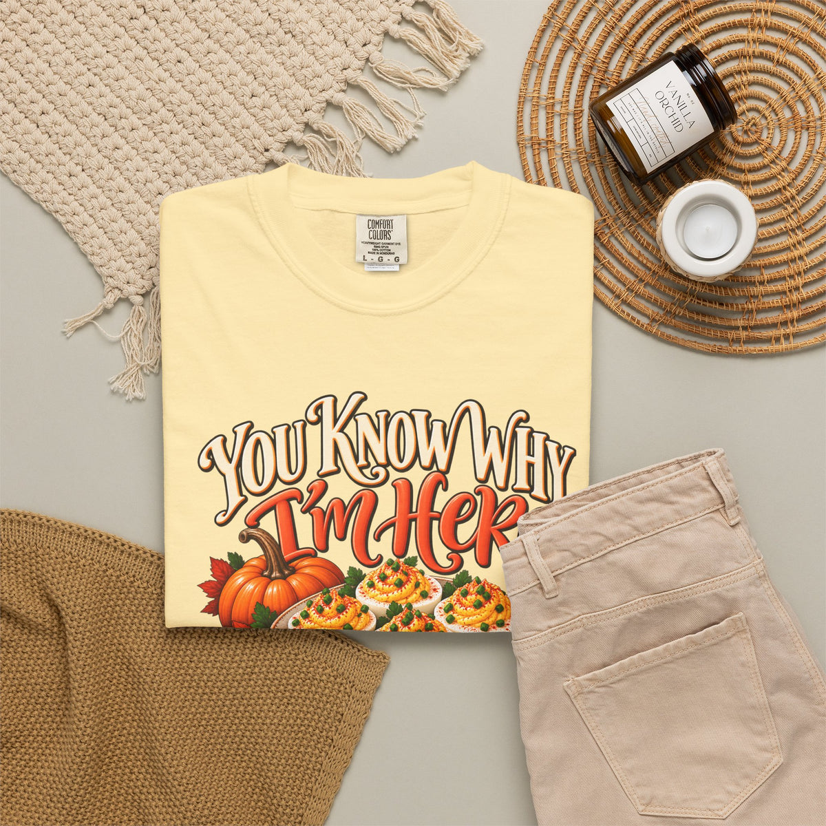 You Know Why Im Here deviled eggs graphic T Shirt | Thanksgiving fall food design
