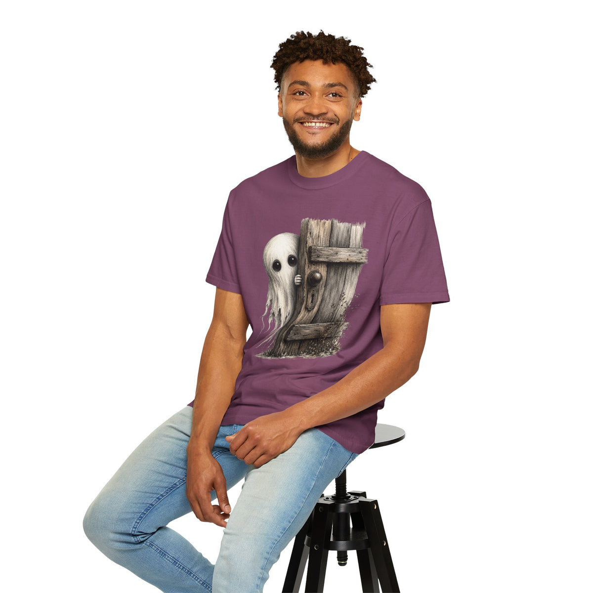 Ghost Peeking Behind Door Tee Shirt Cute Spooky Halloween Tee