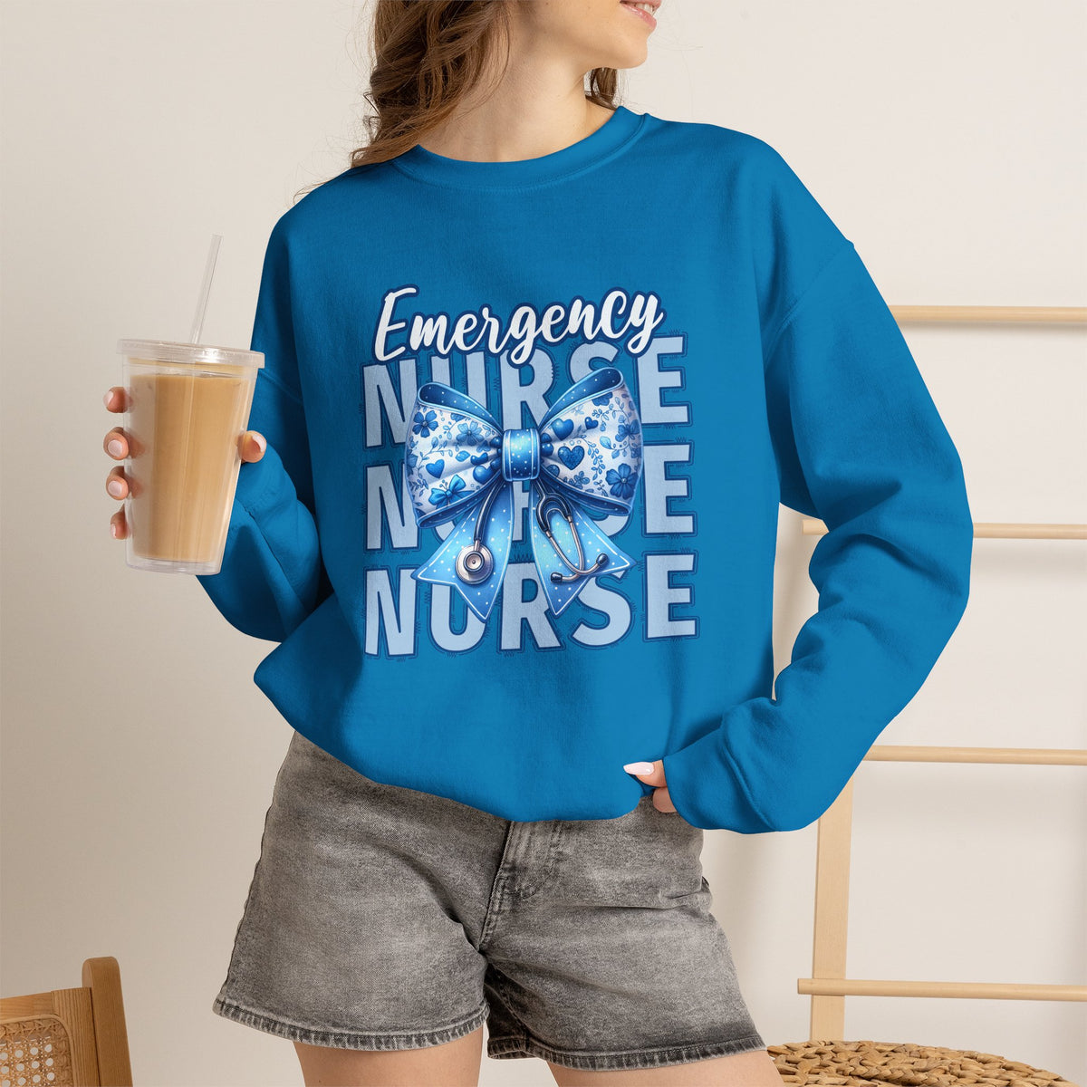 Emergency Nurse Sweatshirt, ER Nurse Blue Bow Shirt, Emergency Room Nurse Gift, RN Sweatshirt, Cute Nurse Apparel, Nursing Gift