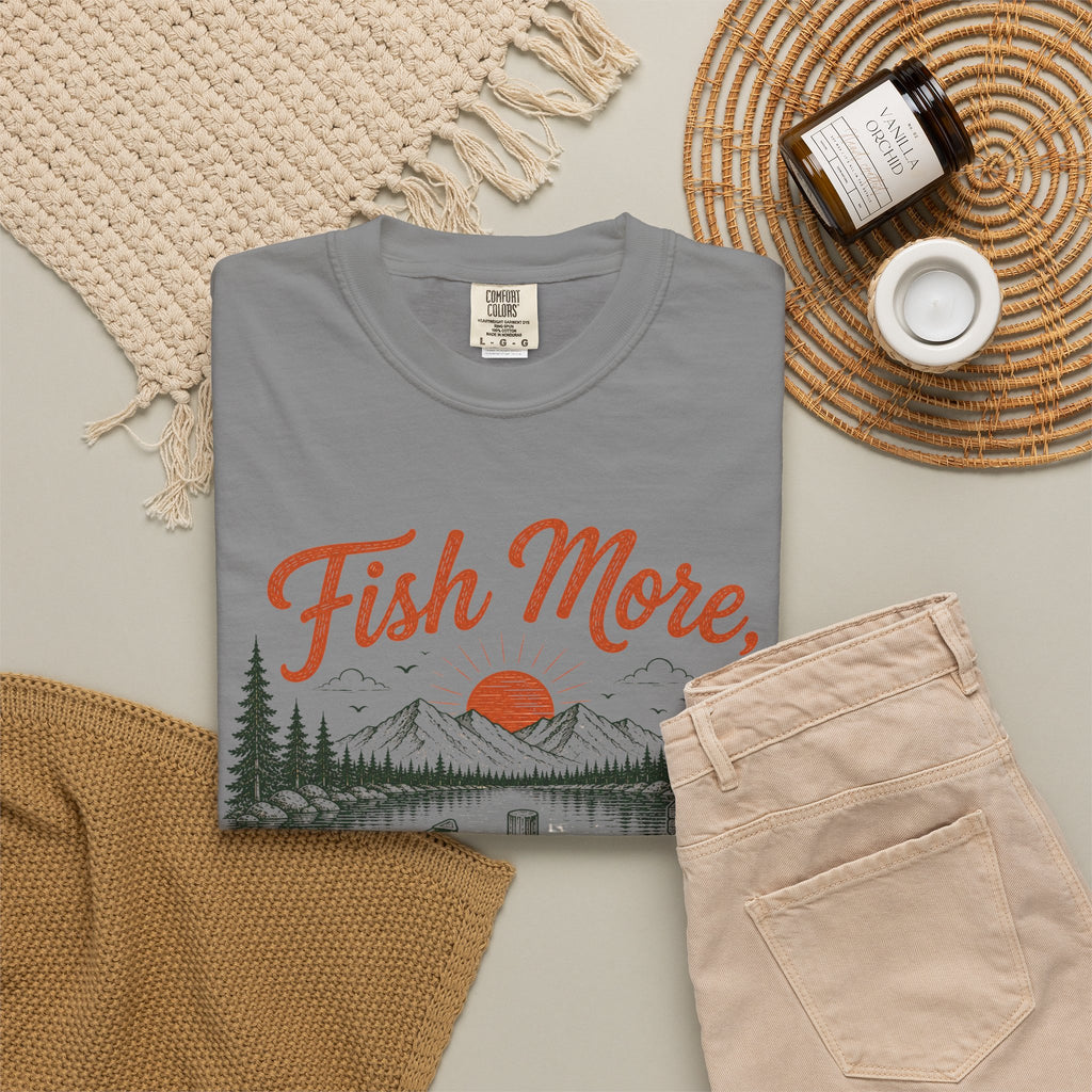 Fish More Scroll Less T Shirt Vintage Fishing Cabin Graphic Tee