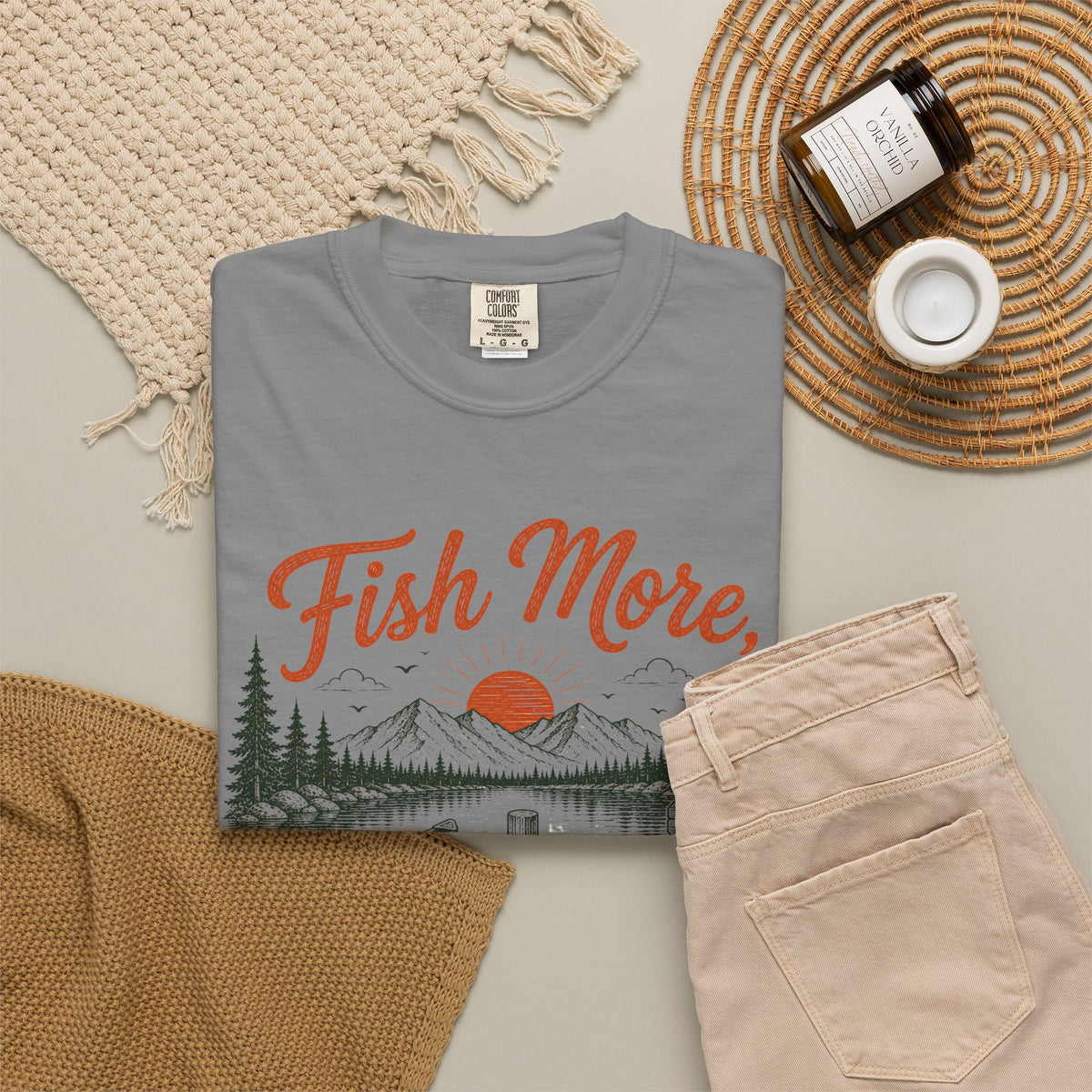 Fish More Scroll Less T Shirt Vintage Fishing Cabin Graphic Tee