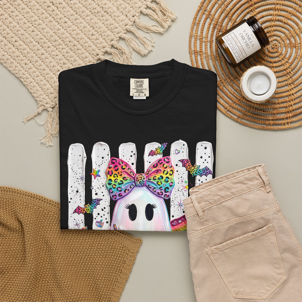 Halloween Rainbow Ghost T Shirt Cute Glittery Ghost with Rainbow Bow and Pumpkins