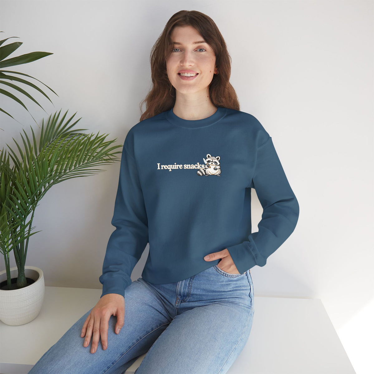 I Require Snacks Embroidered Sweatshirt, Funny Raccoon Sweatshirt, Minimalist Embroidery, Sarcastic Animal Lover Gift, Cozy Crewneck