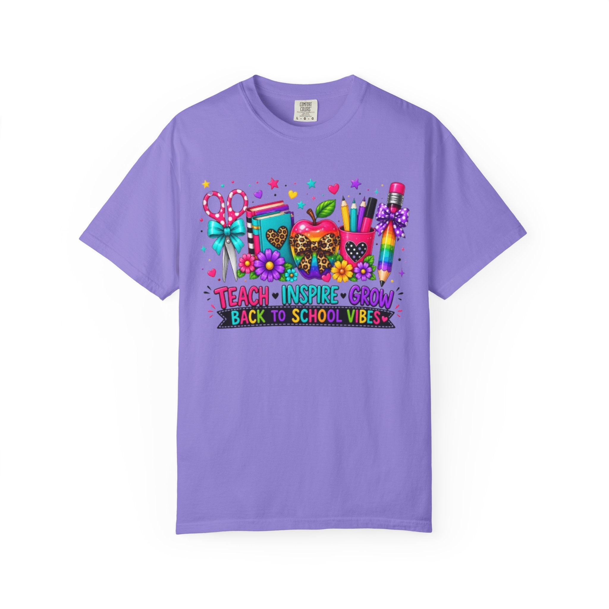Back to School Teacher T Shirt Teach  Inspire  Grow Colorful School Supplies Tee