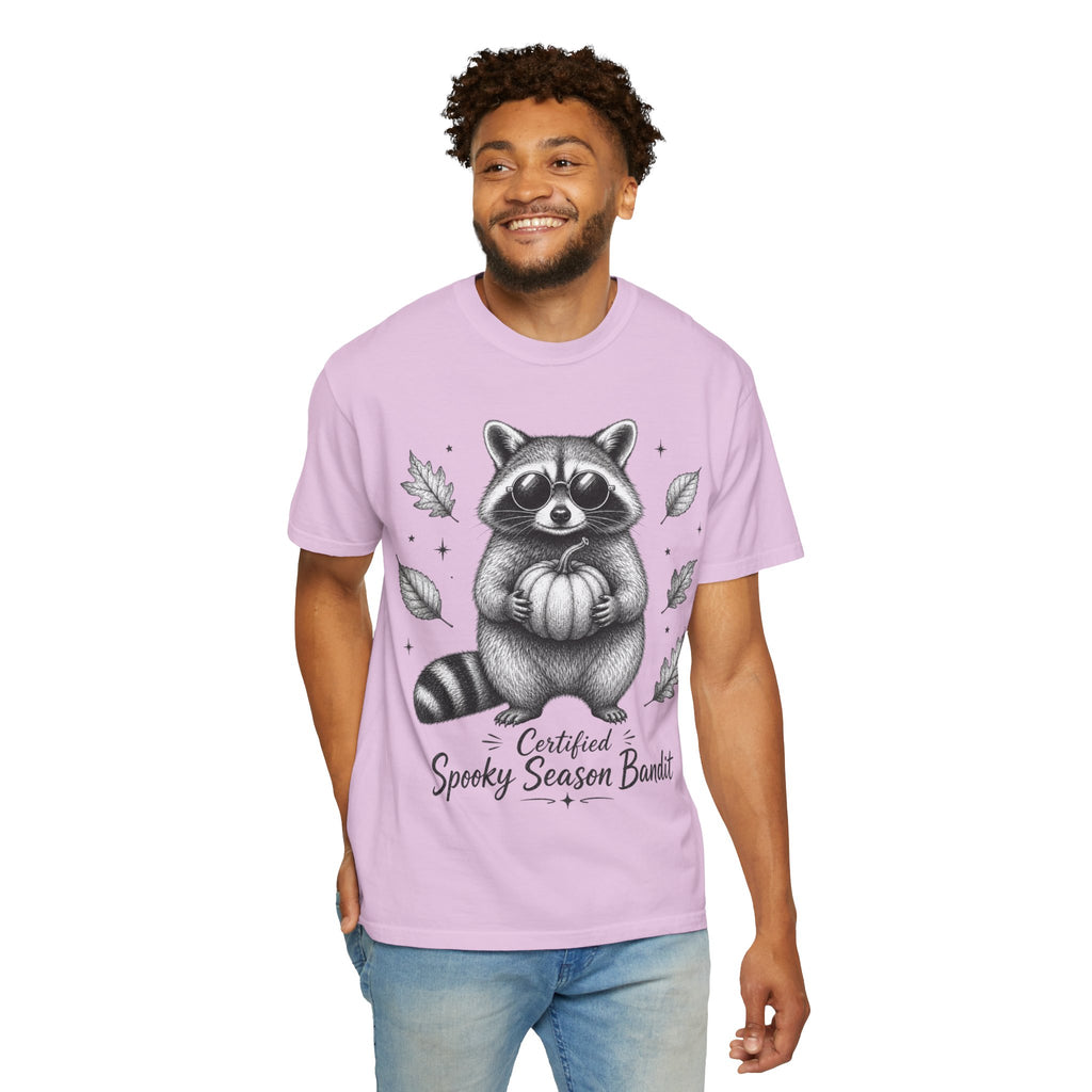 Spooky Season Bandit T Shirt Cute Raccoon Holding Pumpkin Fall Tee