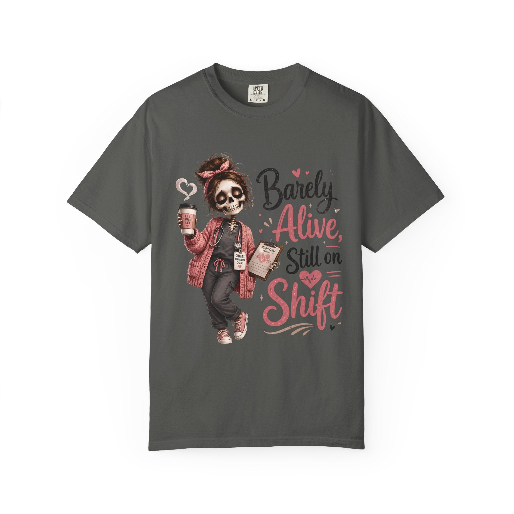 T Shirt Barely Alive Still on Shift Skeleton Barista Graphic Tee