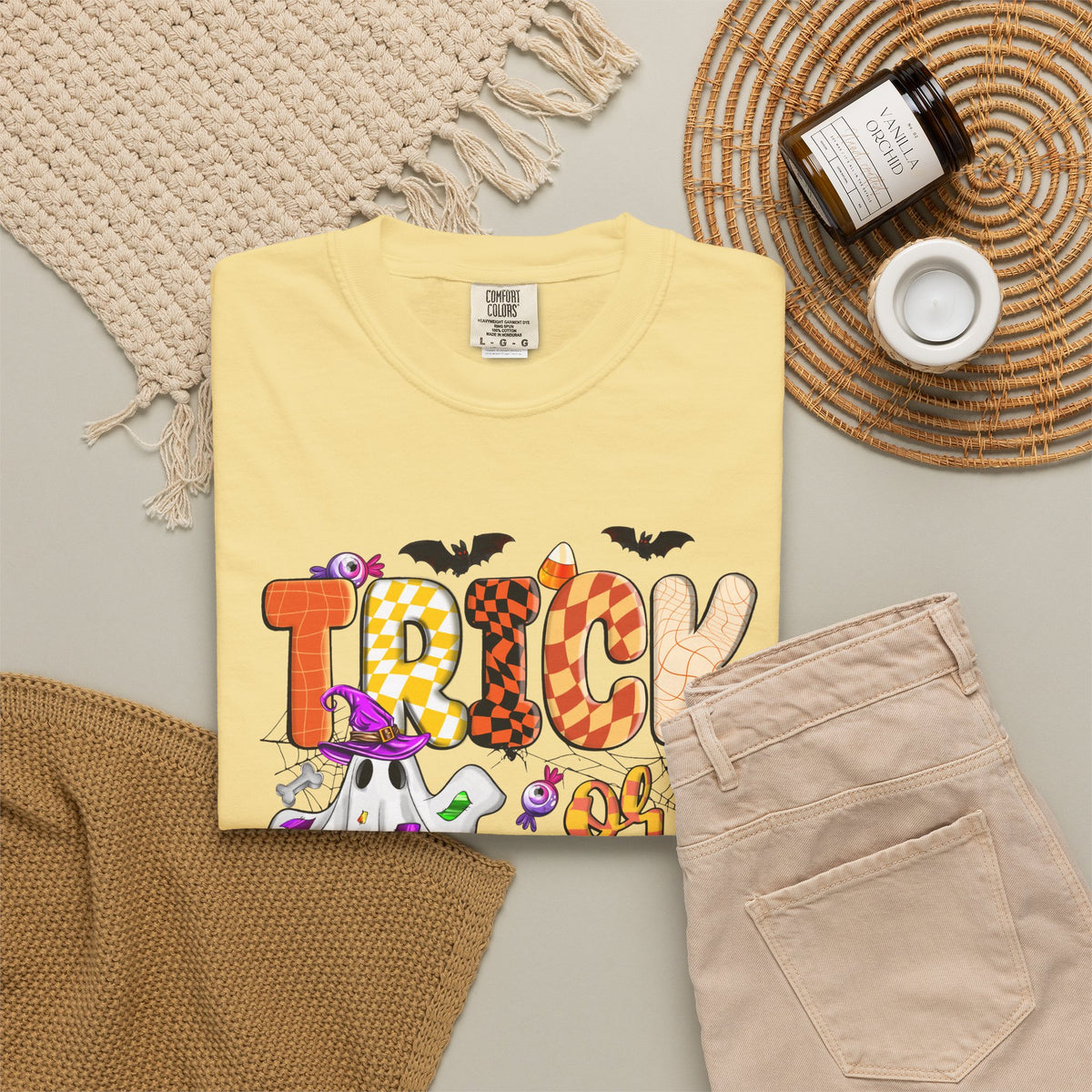 Trick or Treat Halloween T Shirt Cute Ghost Pumpkin and Candy Graphic Tee