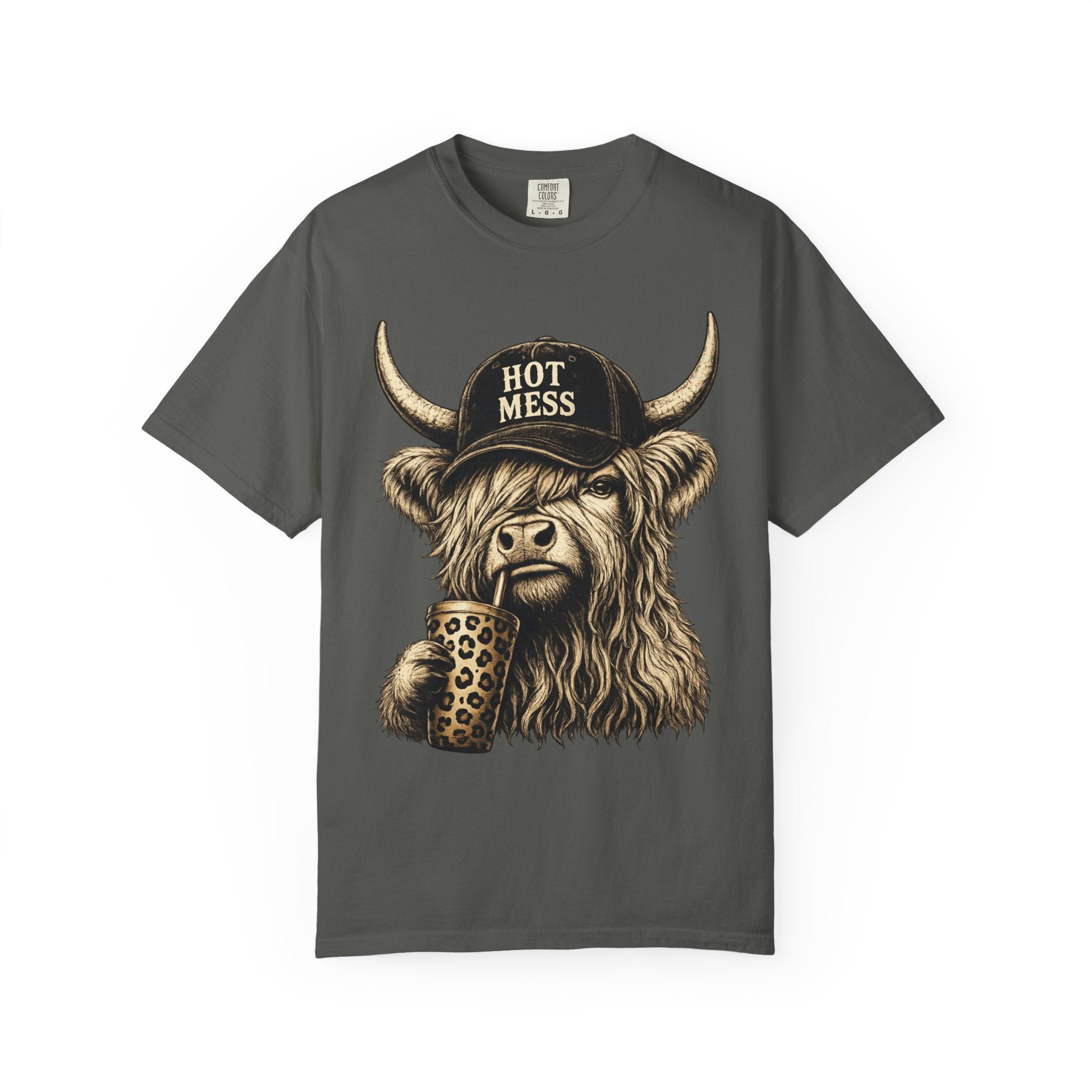 Hot Mess Highland Cow T Shirt Funny Cow with Coffee Graphic