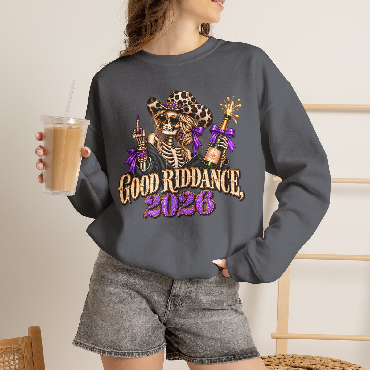 Good Riddance 2026 Sweatshirt, Funny New Years Eve Outfit, Sassy Skeleton Cowgirl Crewneck, Western Leopard Print Shirt, Sarcastic Gift