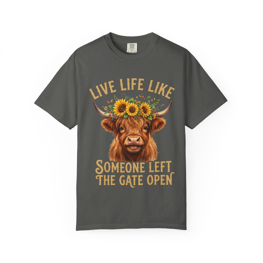 Live Life Like Someone Left the Gate Open Cow TShirt Sunflower Highland Cattle Tee