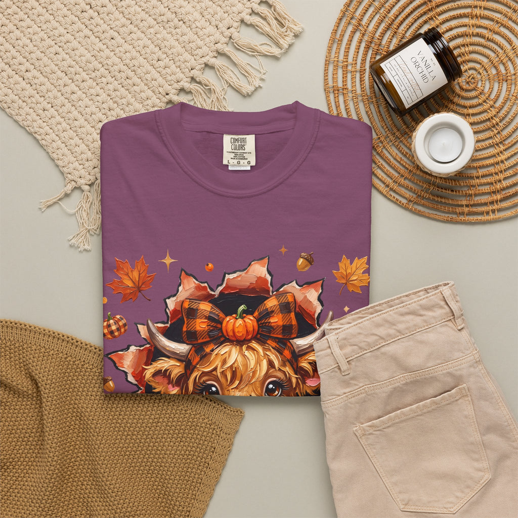 Highland Cow Autumn Tee Shirt Cute Fall Plaid Calf Design