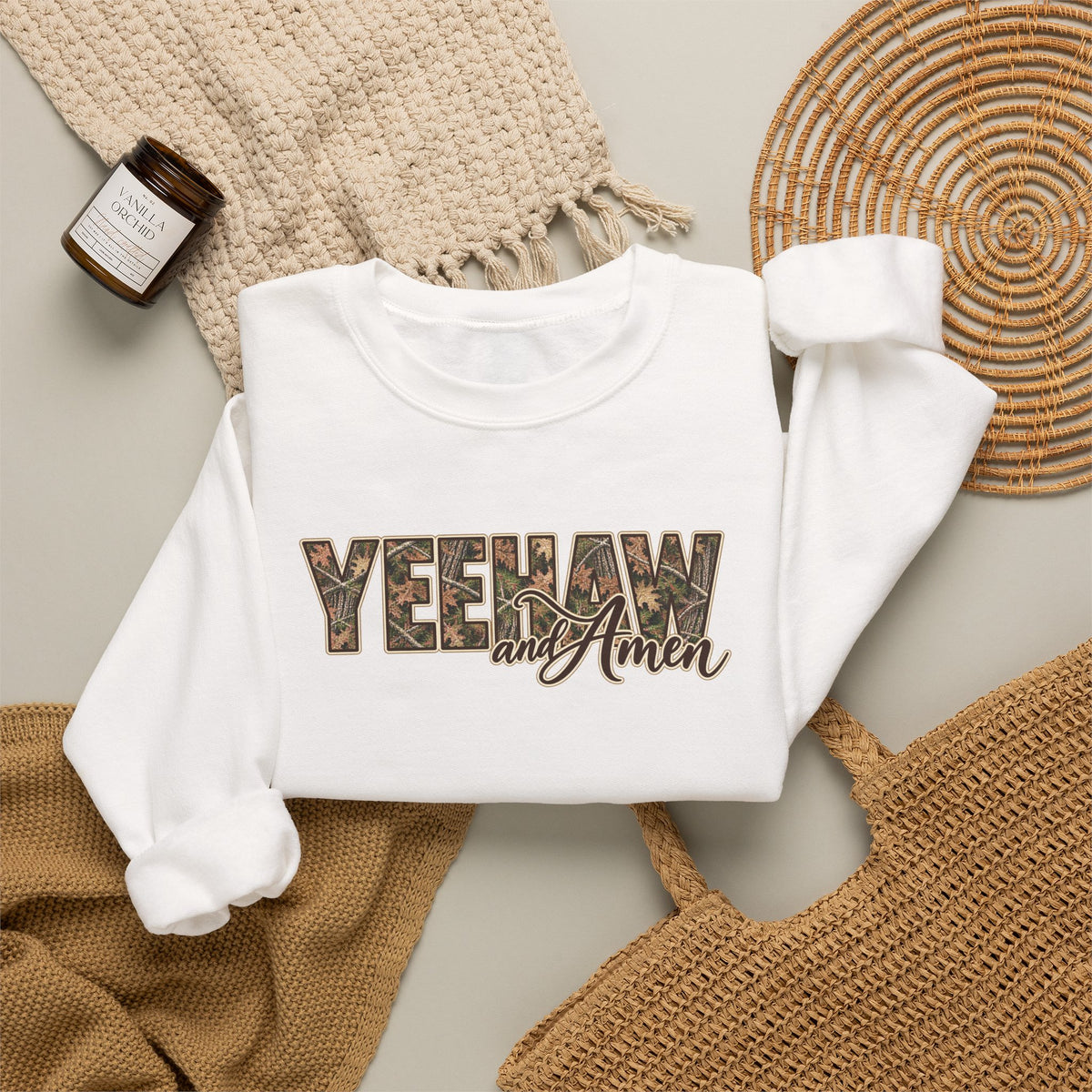 Yeehaw and Amen Camo Sweatshirt, Southern Christian Shirt, Western Cowgirl Sweatshirt, Country Faith Gift, Rustic Graphic Tee