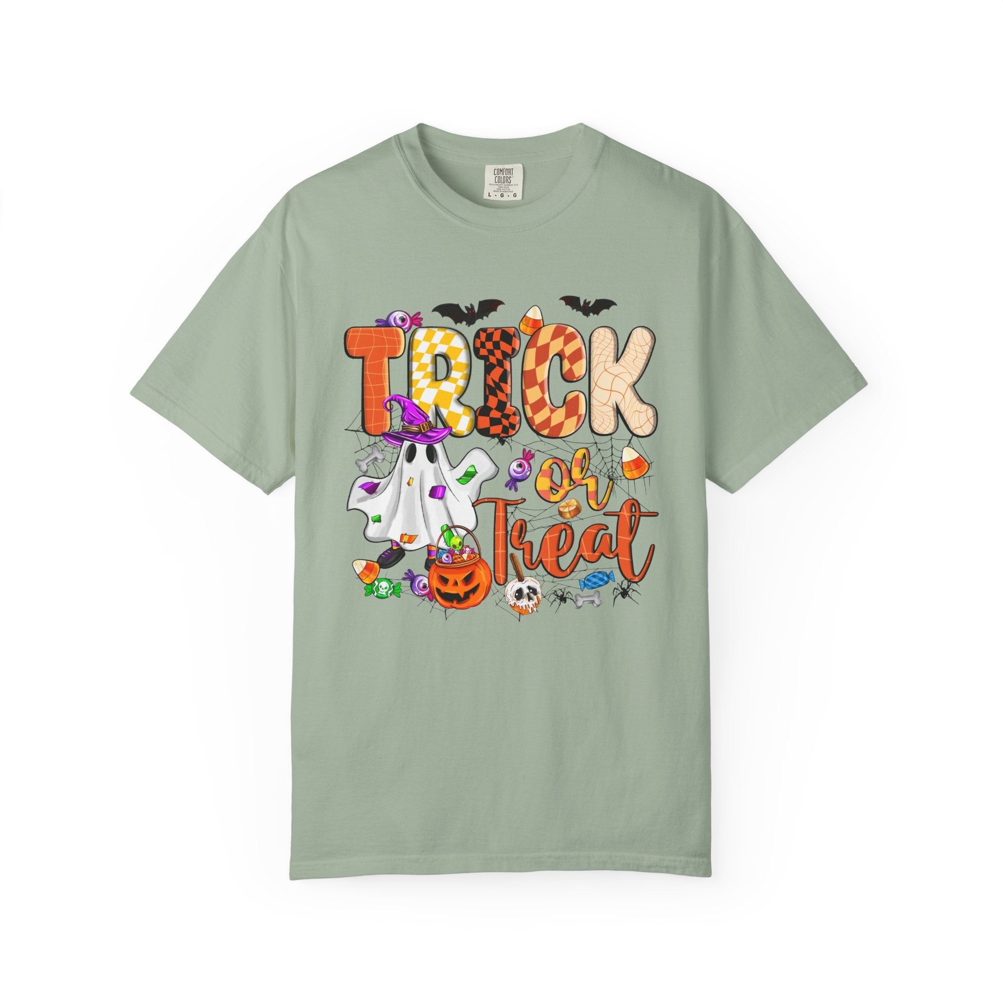 Trick or Treat Halloween T Shirt Cute Ghost Pumpkin and Candy Graphic Tee