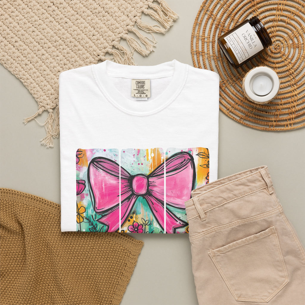 Pink Bow Floral Illustration Tee Shirt | She is Worthy Proverbs 31 Christian Tee
