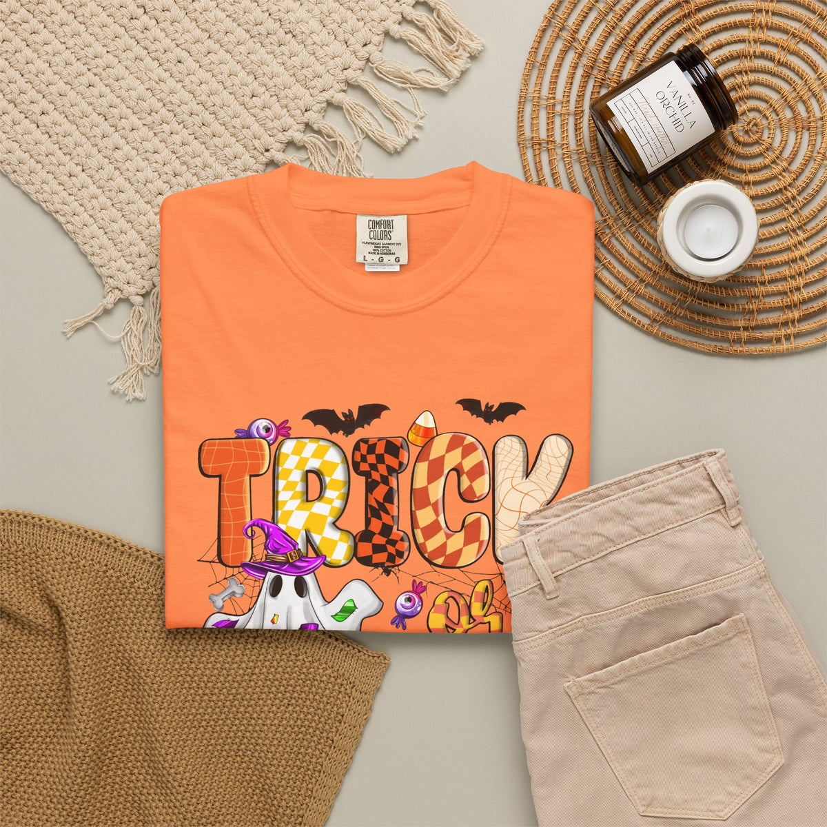 Trick or Treat Halloween T Shirt Cute Ghost Pumpkin and Candy Graphic Tee