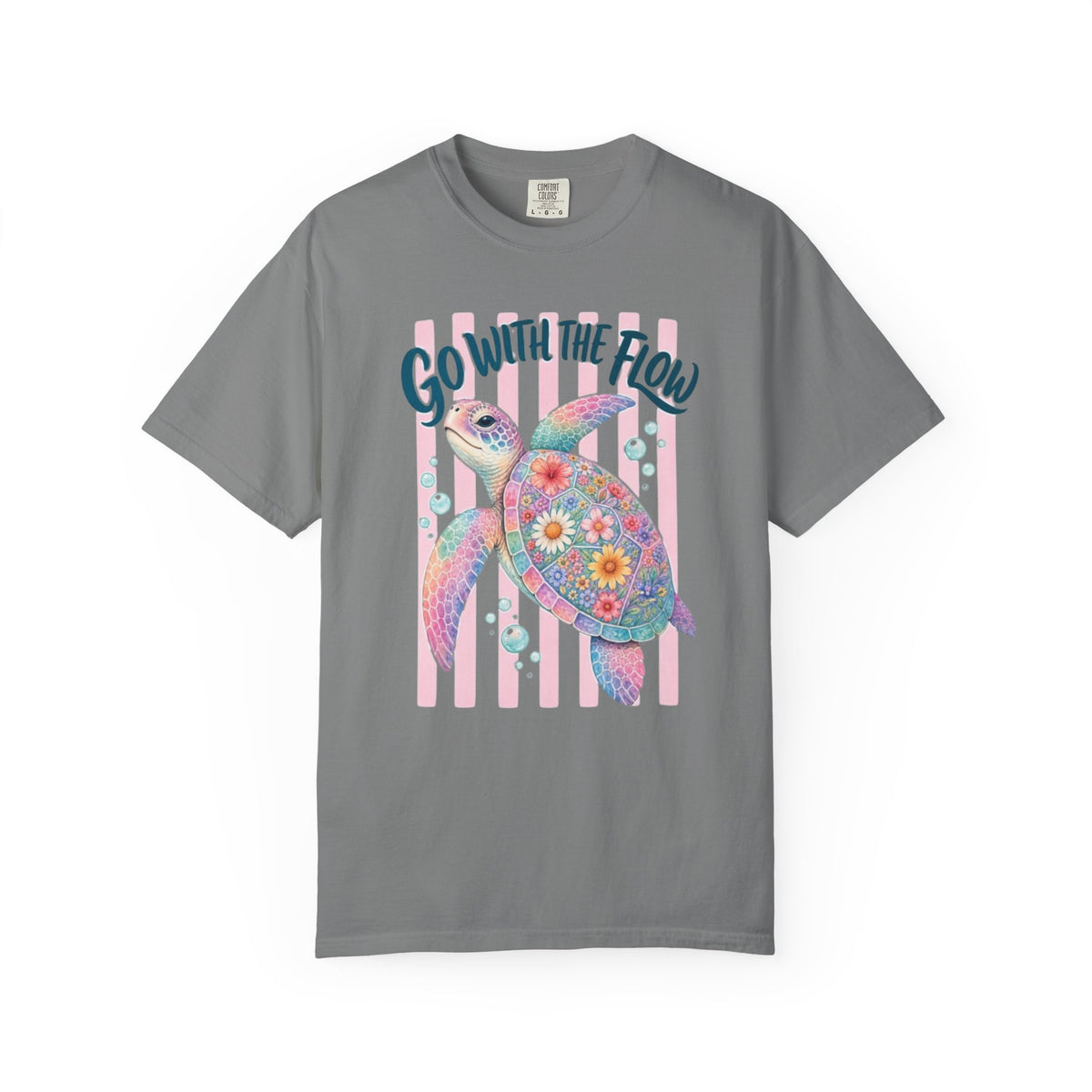 T-Shirt Go With The Flow Floral Sea Turtle Graphic Tee