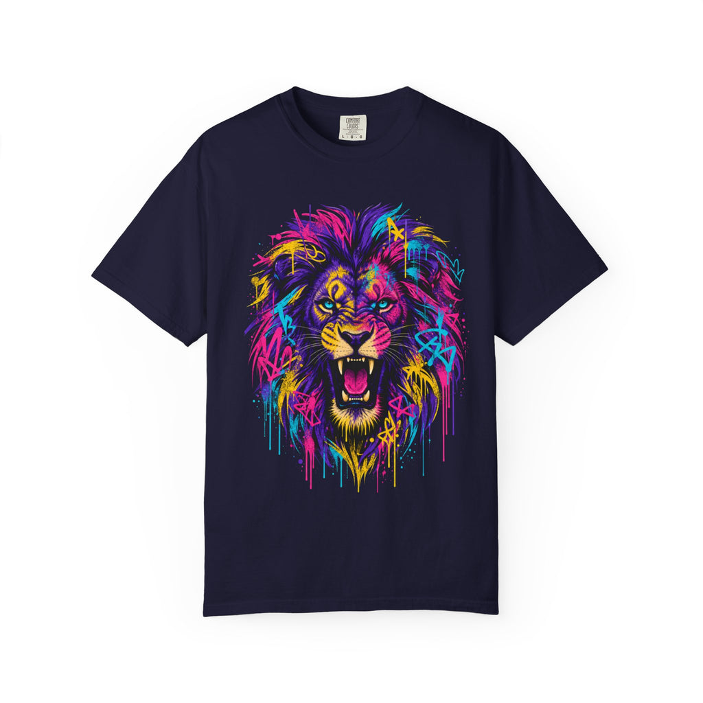 Colorful Roaring Lion T Shirt Vibrant Neon Animal Graphic Tee