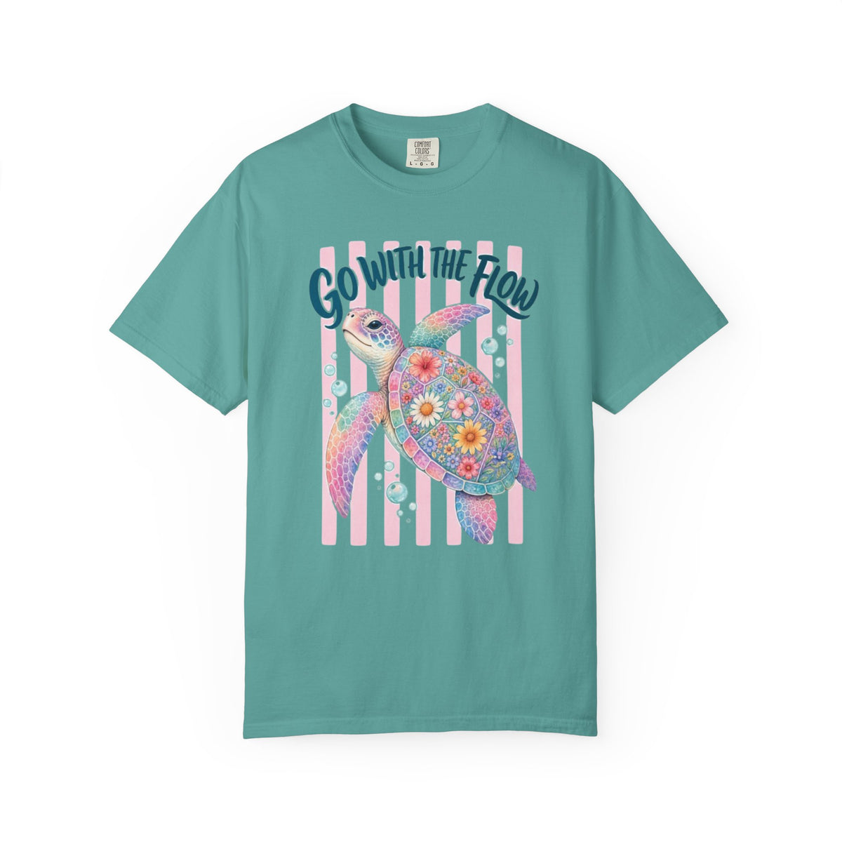 T-Shirt Go With The Flow Floral Sea Turtle Graphic Tee