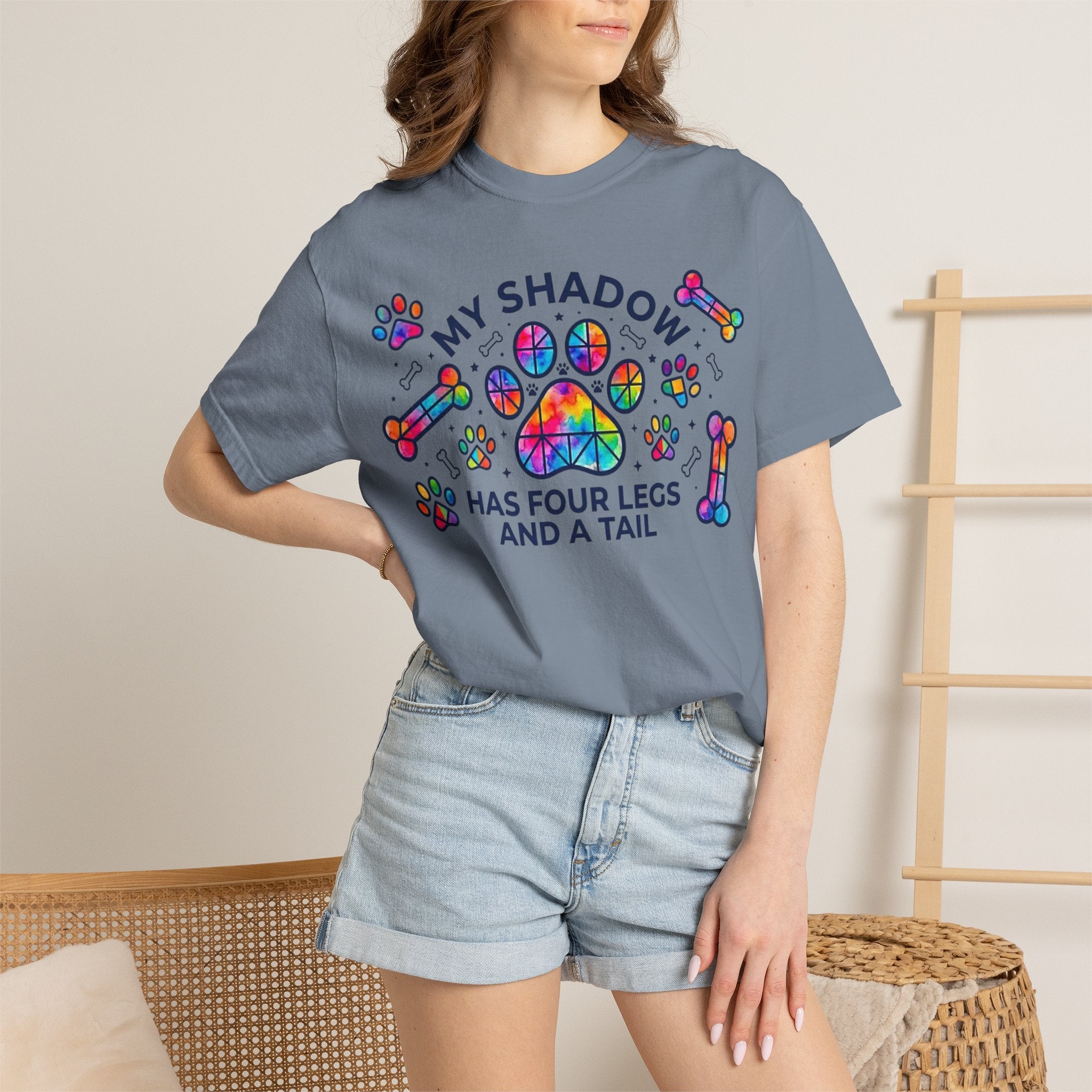 My Shadow Has Four Legs And A Tail T-Shirt Colorful Paw Print Dog Lover Tee