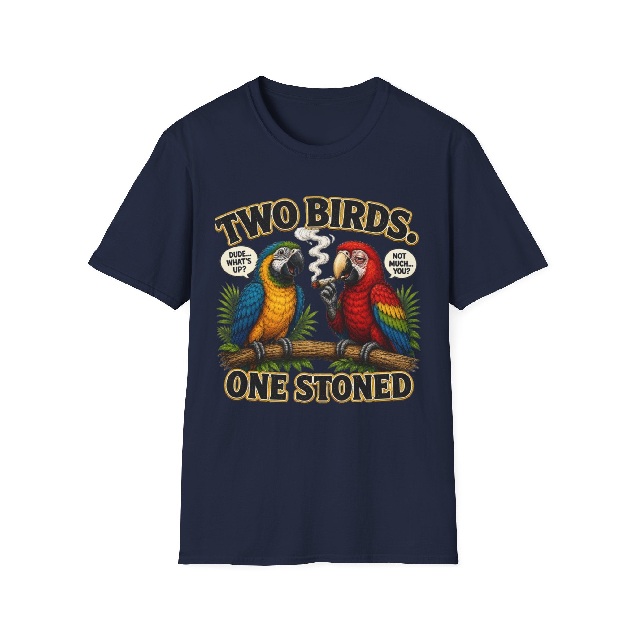 Parrot Graphic Tee Two Birds. One Stoned. Vintage Cannabis Humor T-Shirt