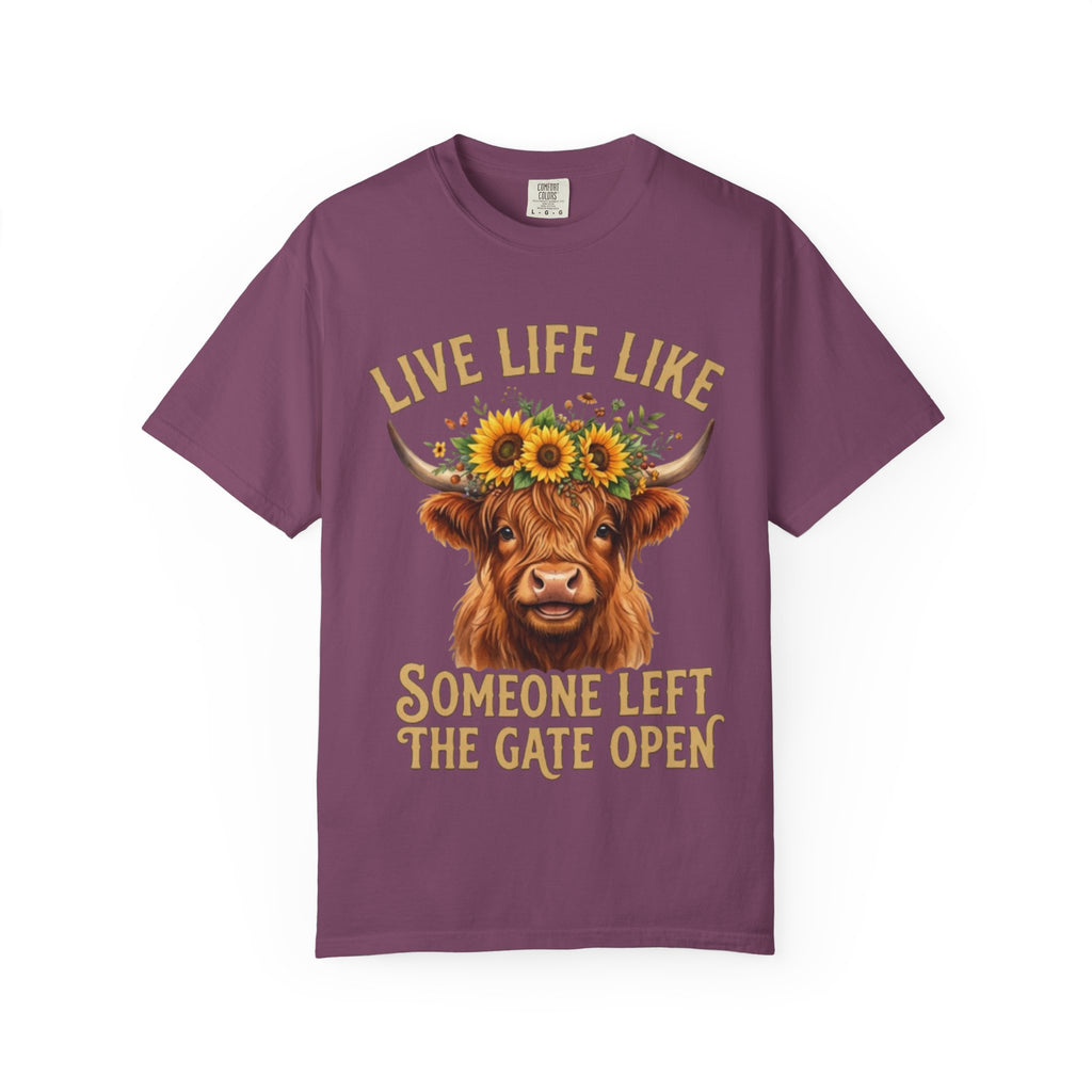 Live Life Like Someone Left the Gate Open Cow TShirt Sunflower Highland Cattle Tee