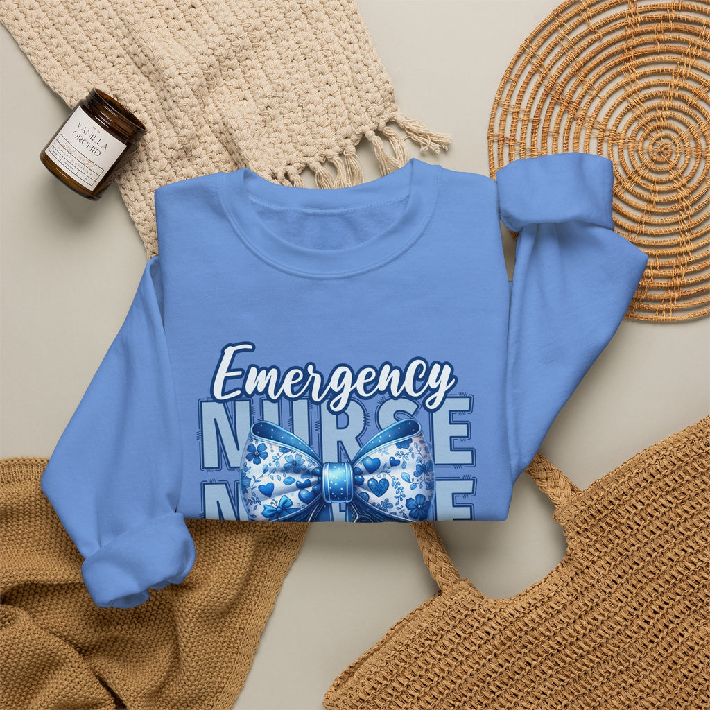 Emergency Nurse Sweatshirt, ER Nurse Blue Bow Shirt, Emergency Room Nurse Gift, RN Sweatshirt, Cute Nurse Apparel, Nursing Gift