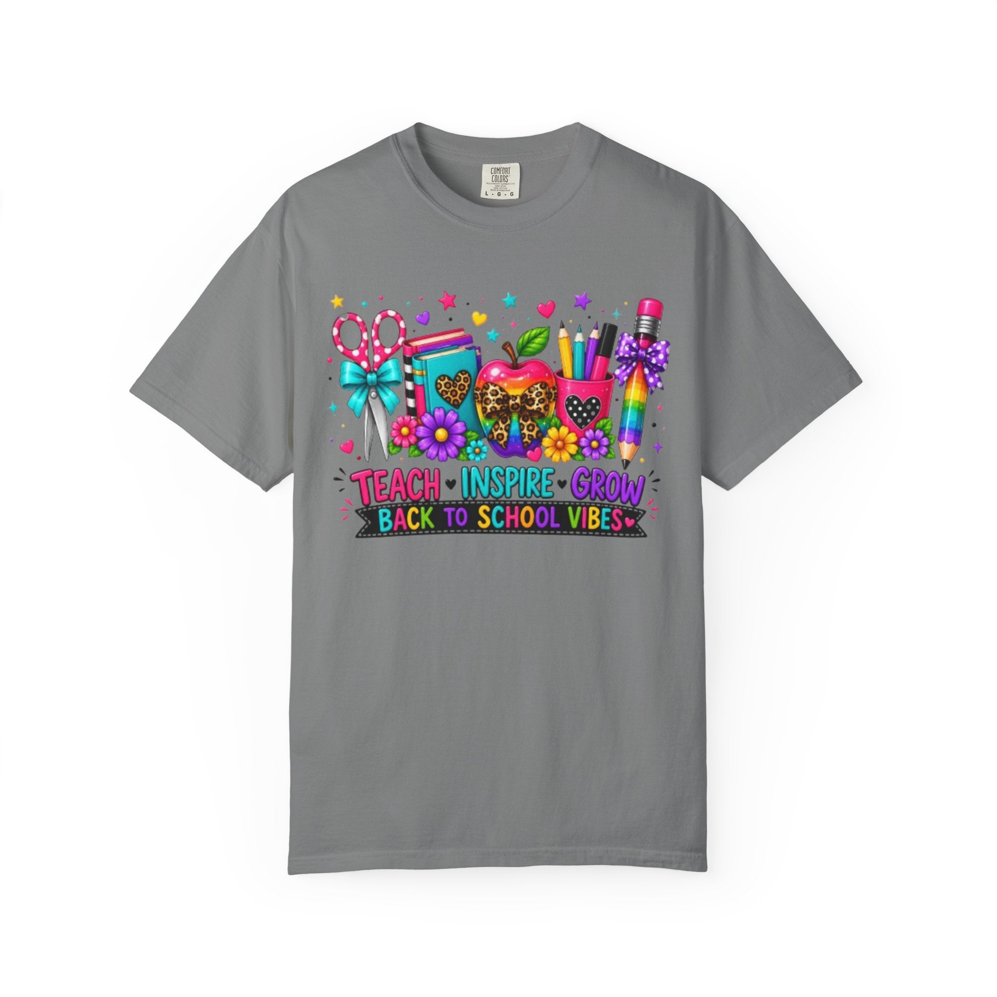 Back to School Teacher T Shirt Teach  Inspire  Grow Colorful School Supplies Tee